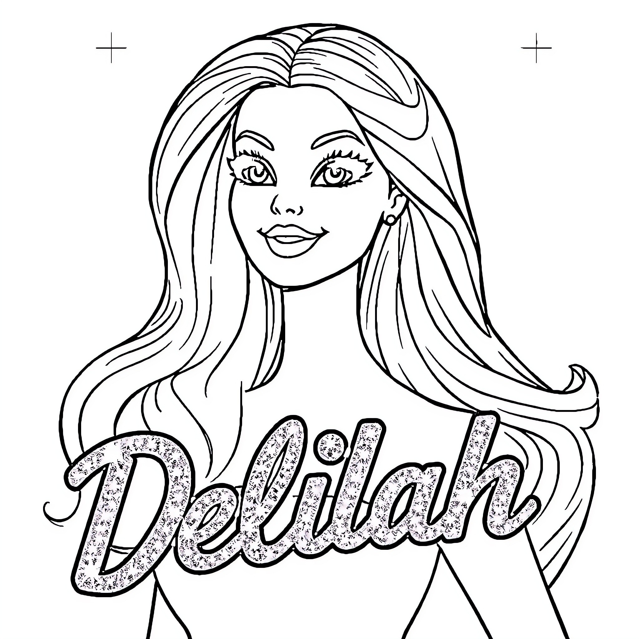 Barbie with long flowing hair and stylish outfit Coloring Page (free black-and-white line drawing printable PDF for all, from beginners to advanced learners, including children, teens, adults, and seniors)