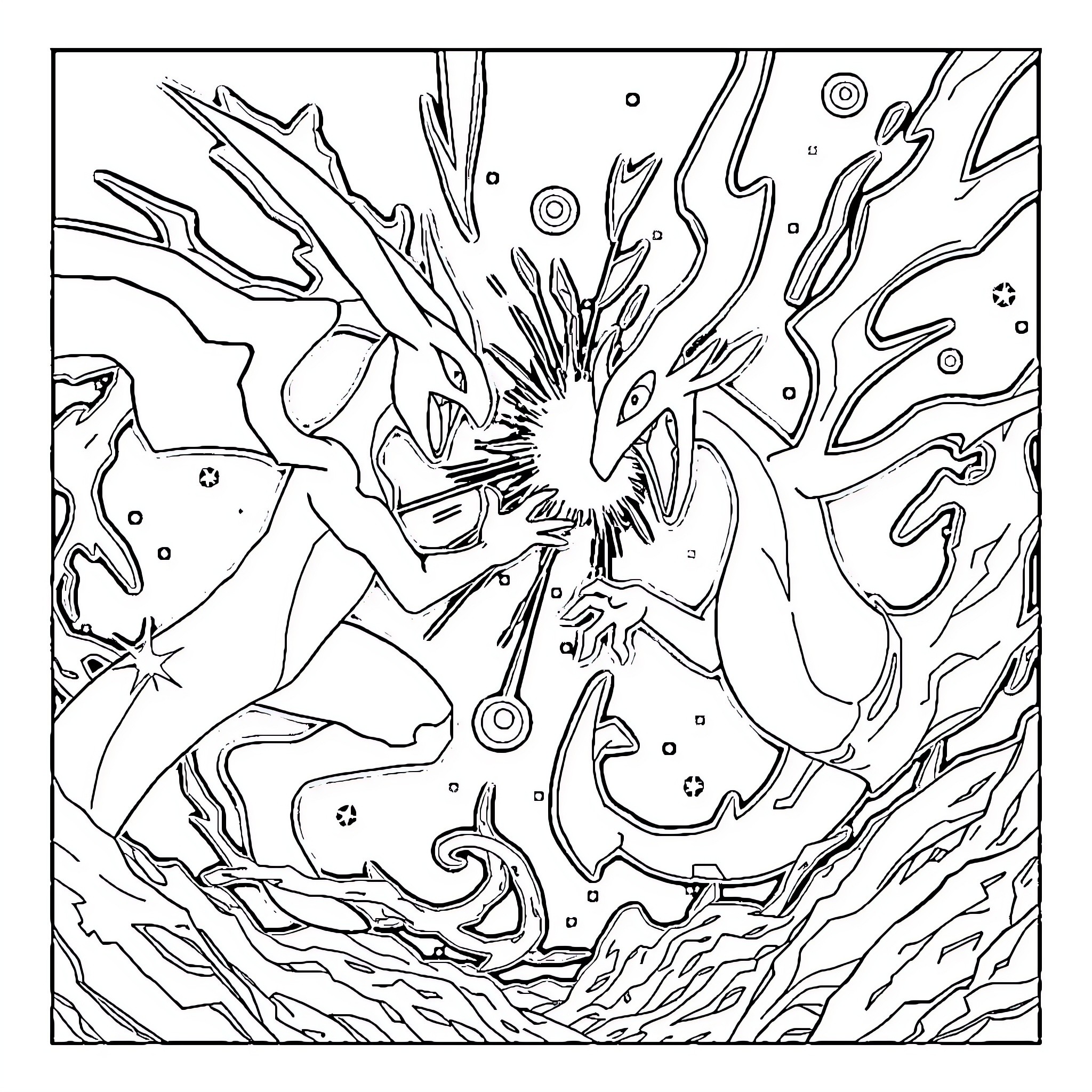 Mewtwo's Ethereal Power Eruption Coloring Page (free black-and-white line drawing printable PDF for all, from beginners to advanced learners, including children, teens, adults, and seniors)