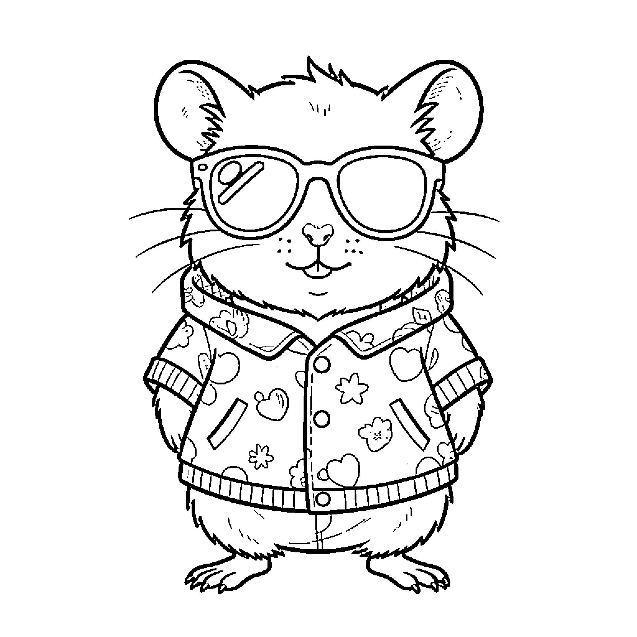 Guinea Pig in Trendy Outfit with Sunglasses Coloring Page (free black-and-white line drawing printable PDF for all, from beginners to advanced learners, including children, teens, adults, and seniors)