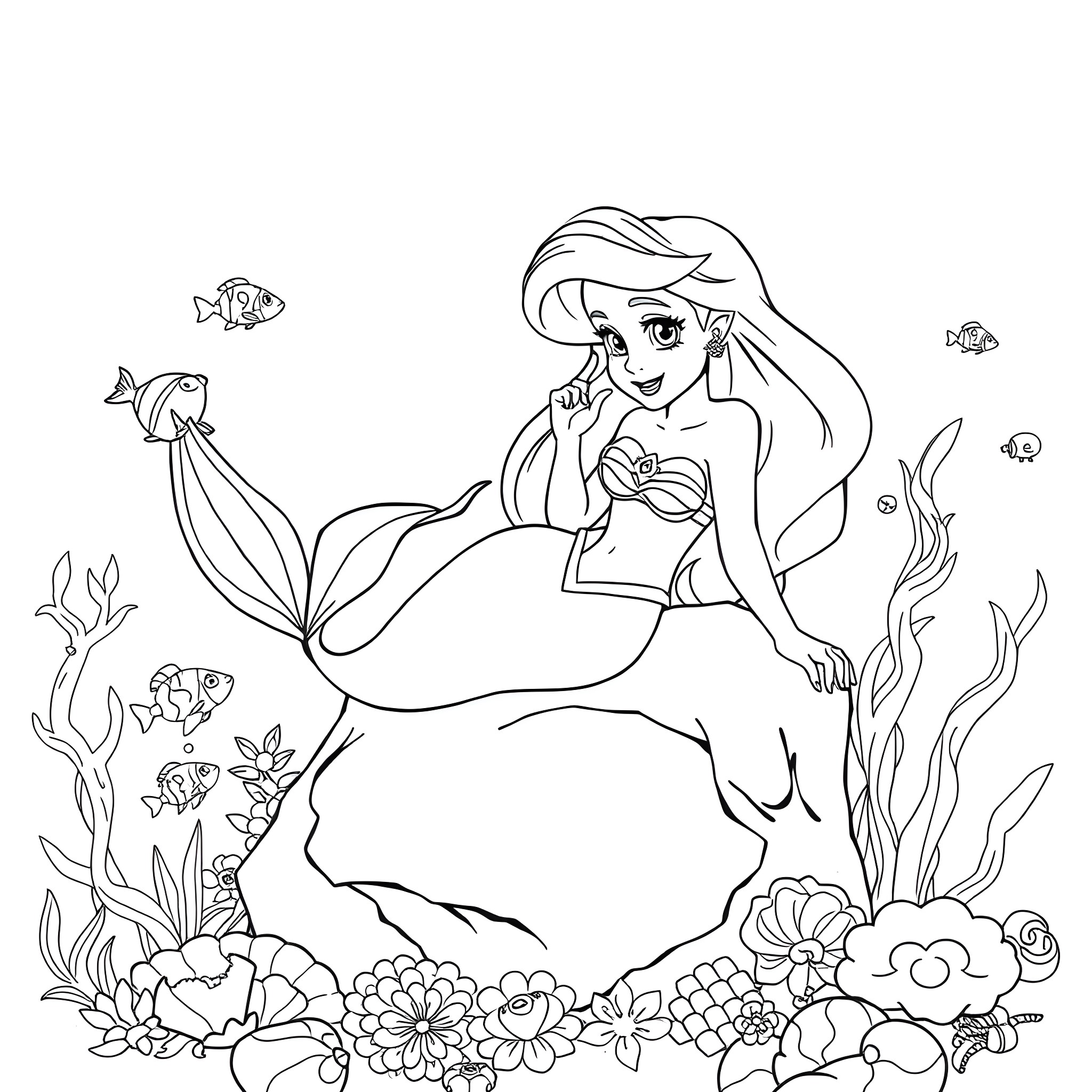 Ariel the Mermaid Exploring the Underwater Wonderland Coloring Page (free black-and-white line drawing printable PDF for all, from beginners to advanced learners, including children, teens, adults, and seniors)