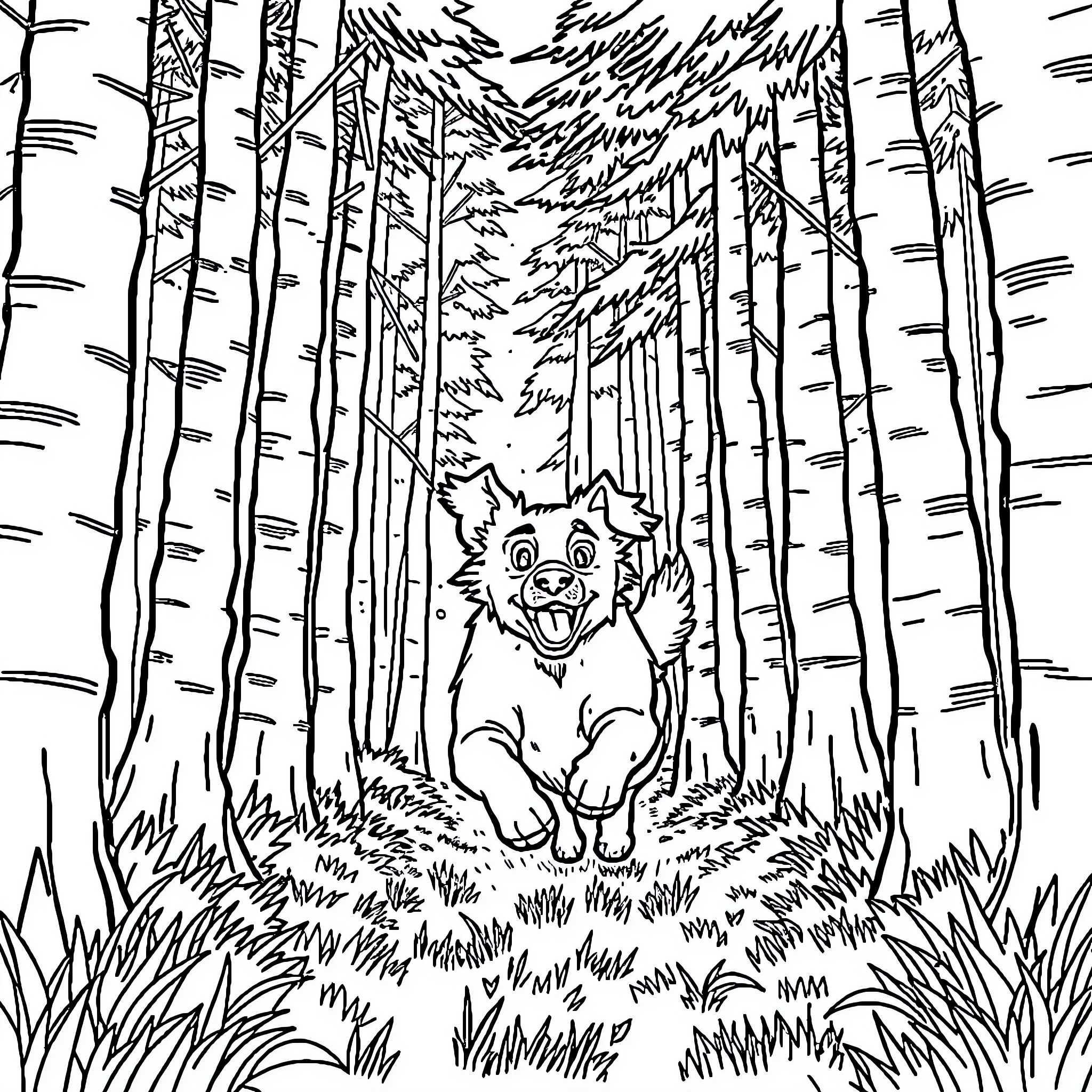 Dog explores serene forest landscape Coloring Page (free black-and-white line drawing printable PDF for all, from beginners to advanced learners, including children, teens, adults, and seniors)