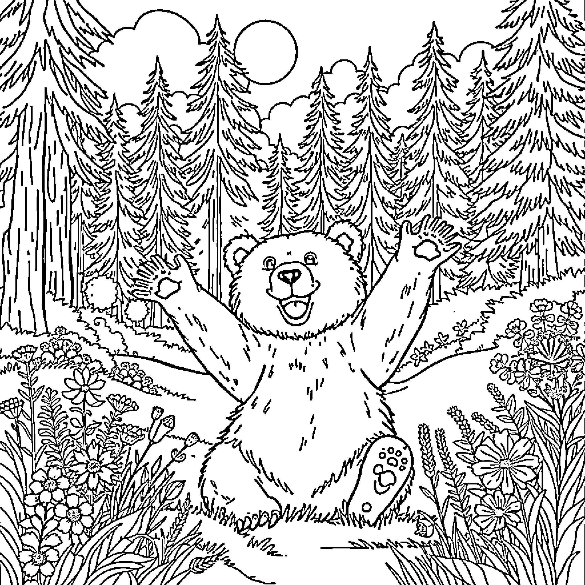 Bear playing in the enchanted forest Coloring Page (free black-and-white line drawing printable PDF for all, from beginners to advanced learners, including children, teens, adults, and seniors)