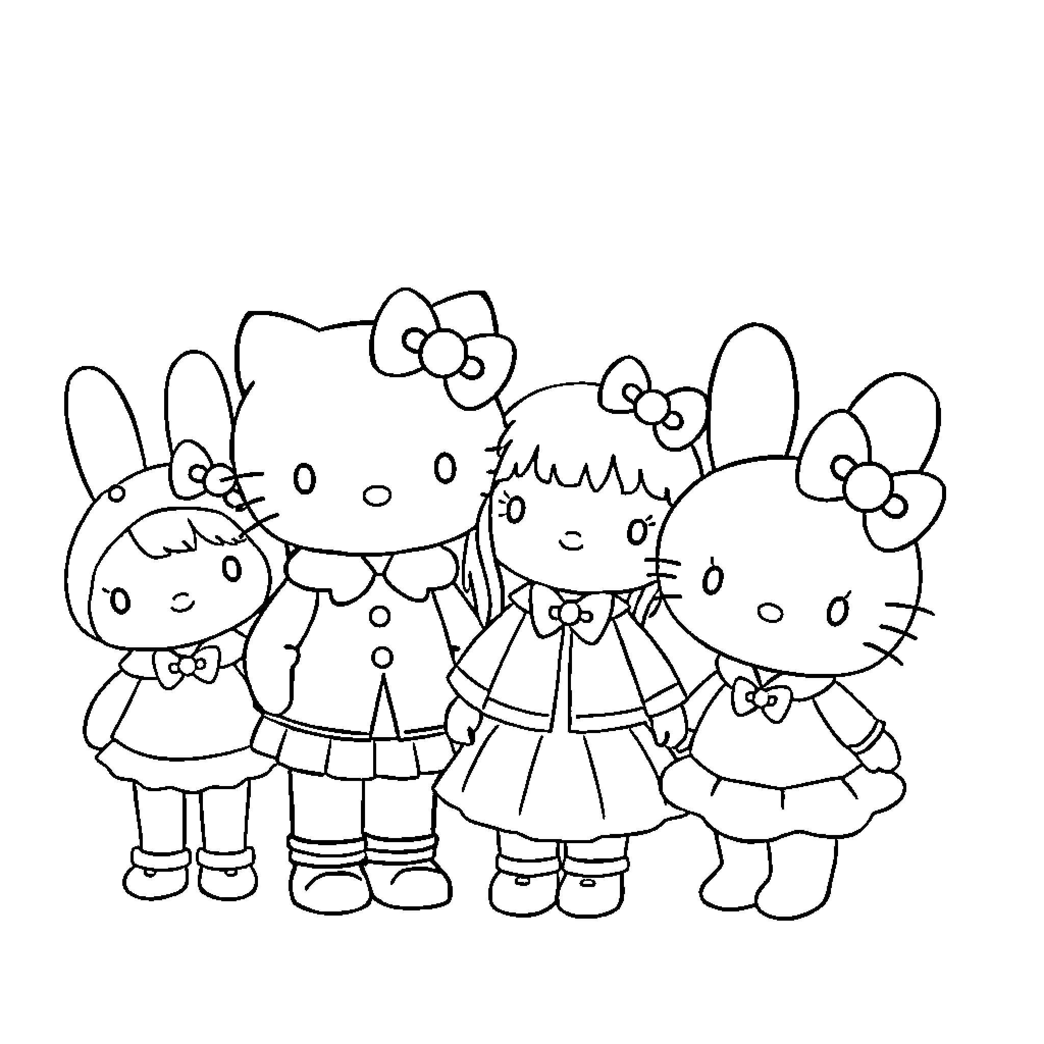 Sanrio Characters in Playful Costumes Coloring Page (free black-and-white line drawing printable PDF for all, from beginners to advanced learners, including children, teens, adults, and seniors)