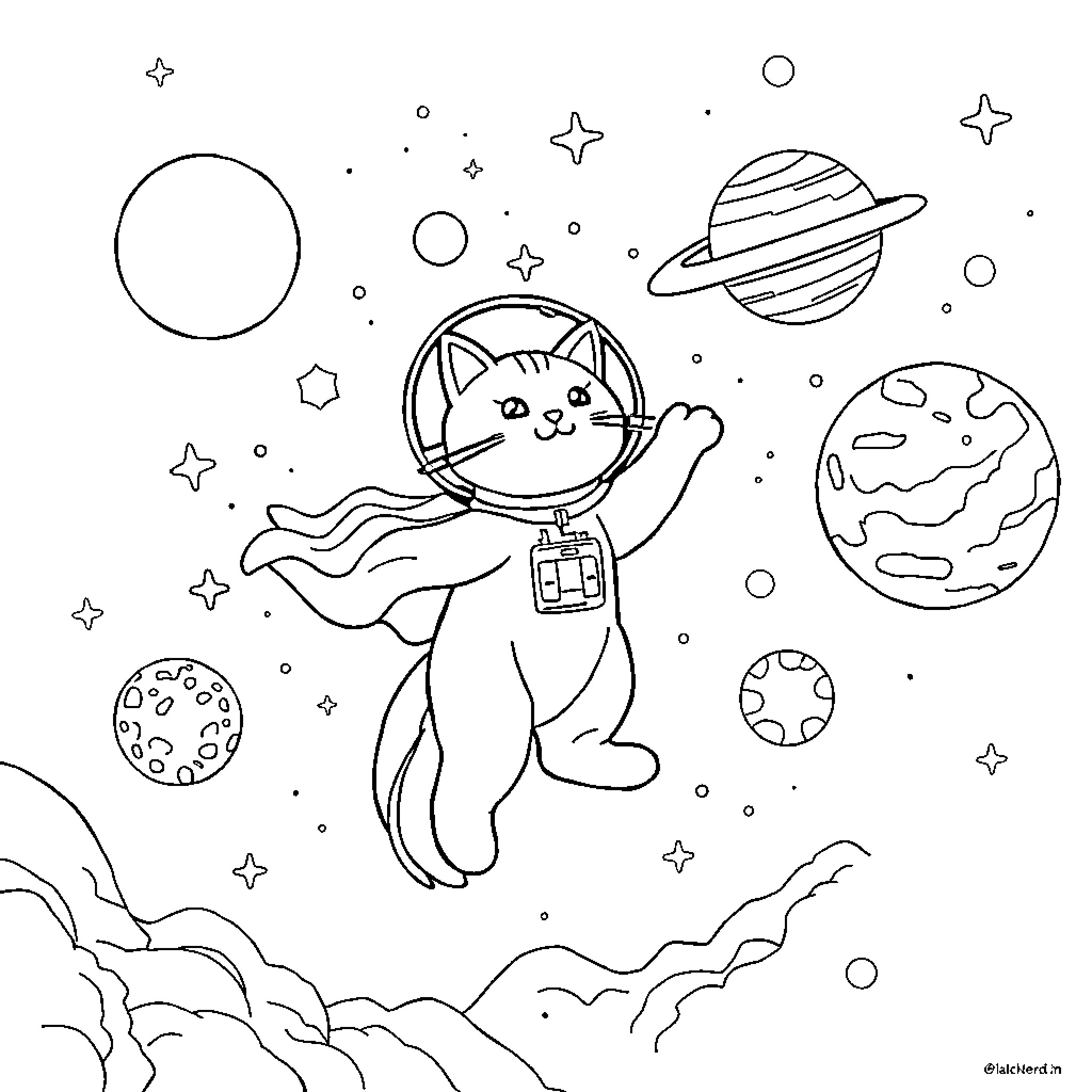 Rocket cat exploring the cosmic galaxy Coloring Page (free black-and-white line drawing printable PDF for all, from beginners to advanced learners, including children, teens, adults, and seniors)