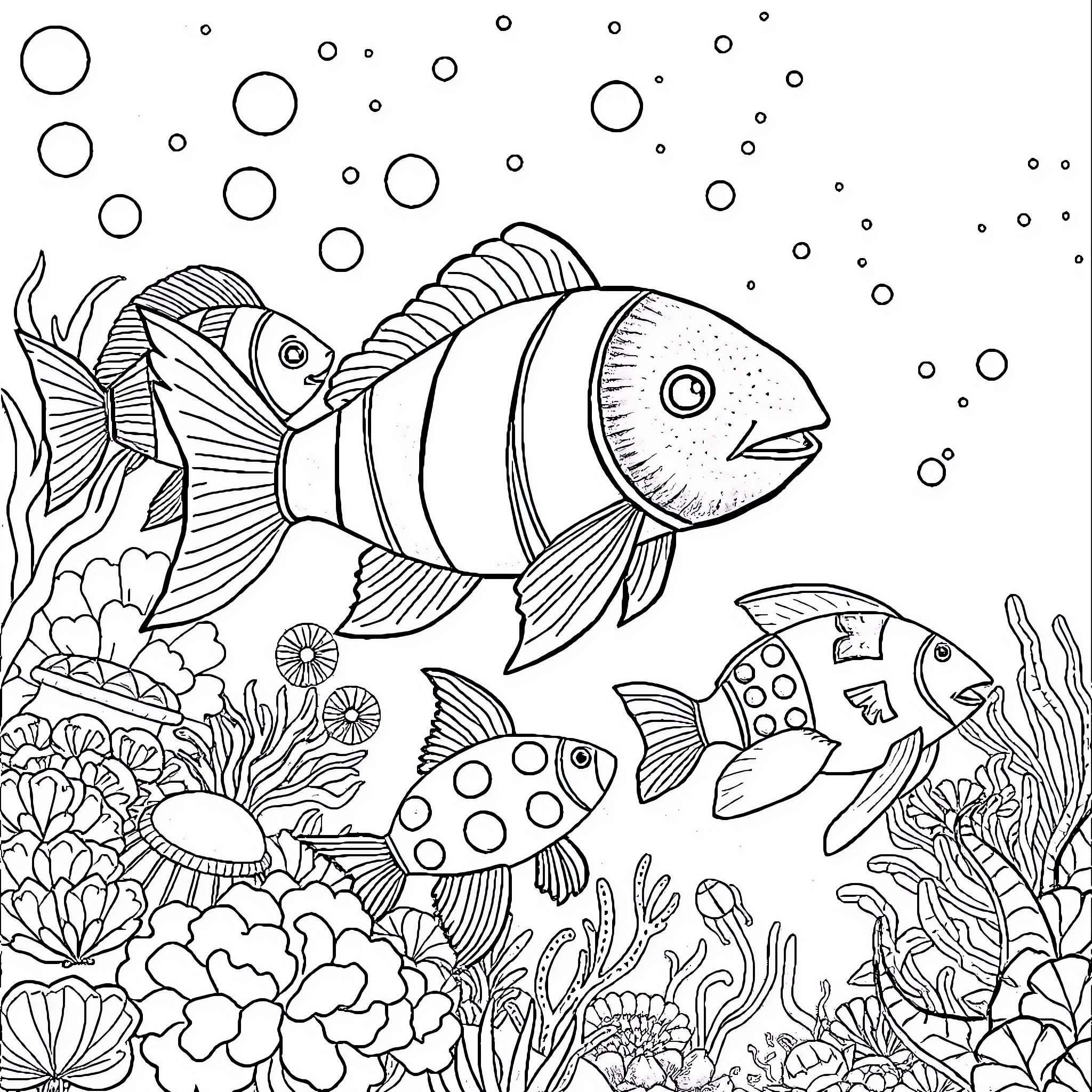 Sea Creature enjoying a vibrant underwater scene Coloring Page (free black-and-white line drawing printable PDF for all, from beginners to advanced learners, including children, teens, adults, and seniors)