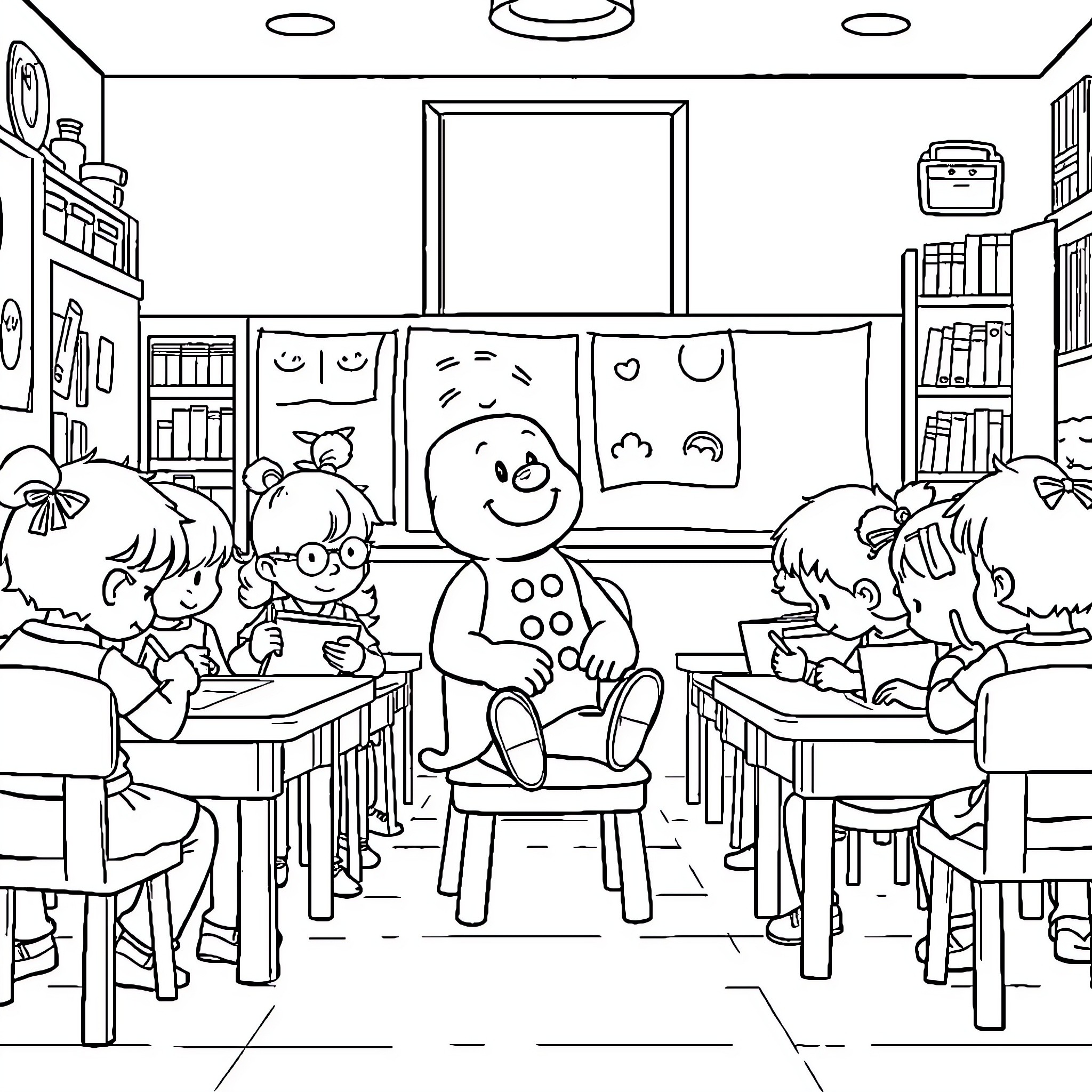 Little Red Riding Hood and Friends Learn in the Classroom Coloring Page (free black-and-white line drawing printable PDF for all, from beginners to advanced learners, including children, teens, adults, and seniors)