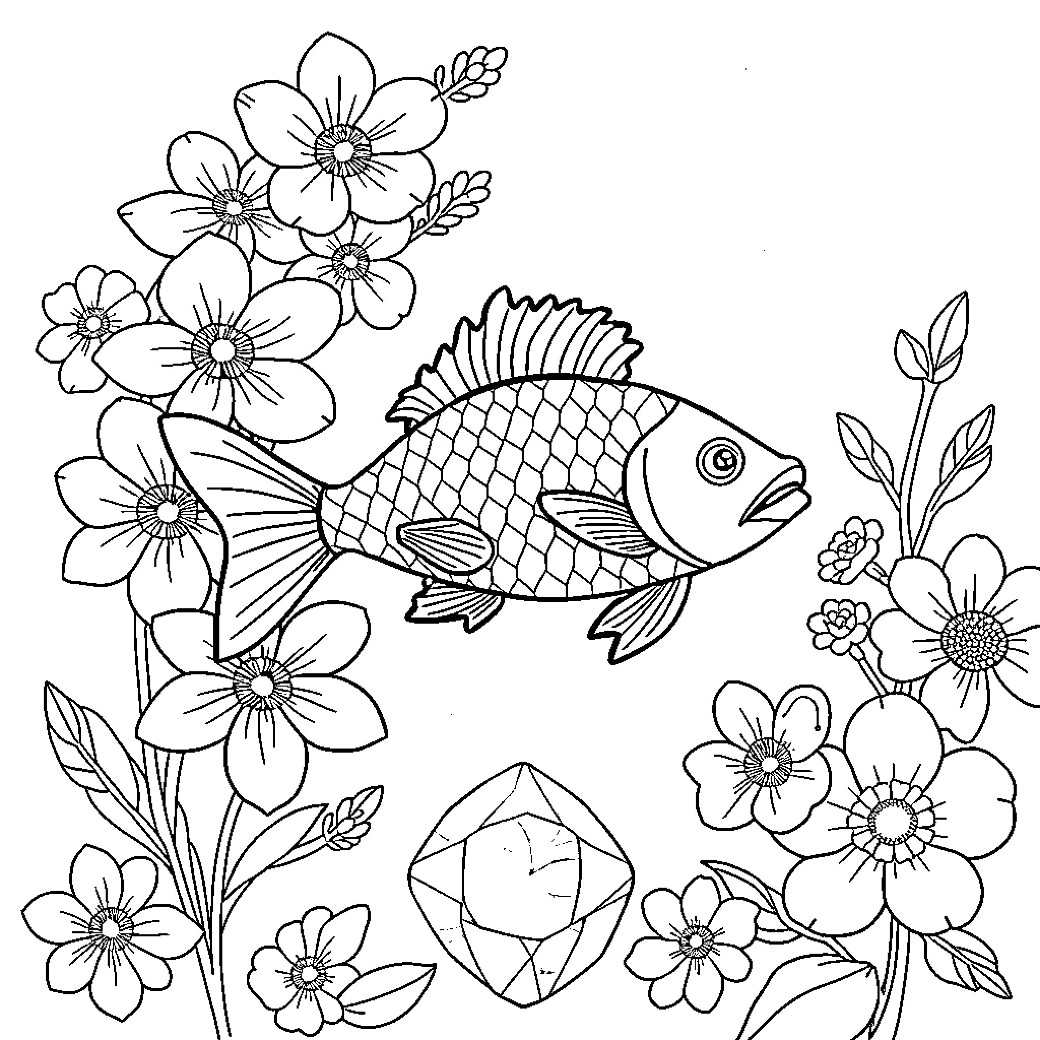 Aquarius fish among blooming flowers Coloring Page (free black-and-white line drawing printable PDF for all, from beginners to advanced learners, including children, teens, adults, and seniors)