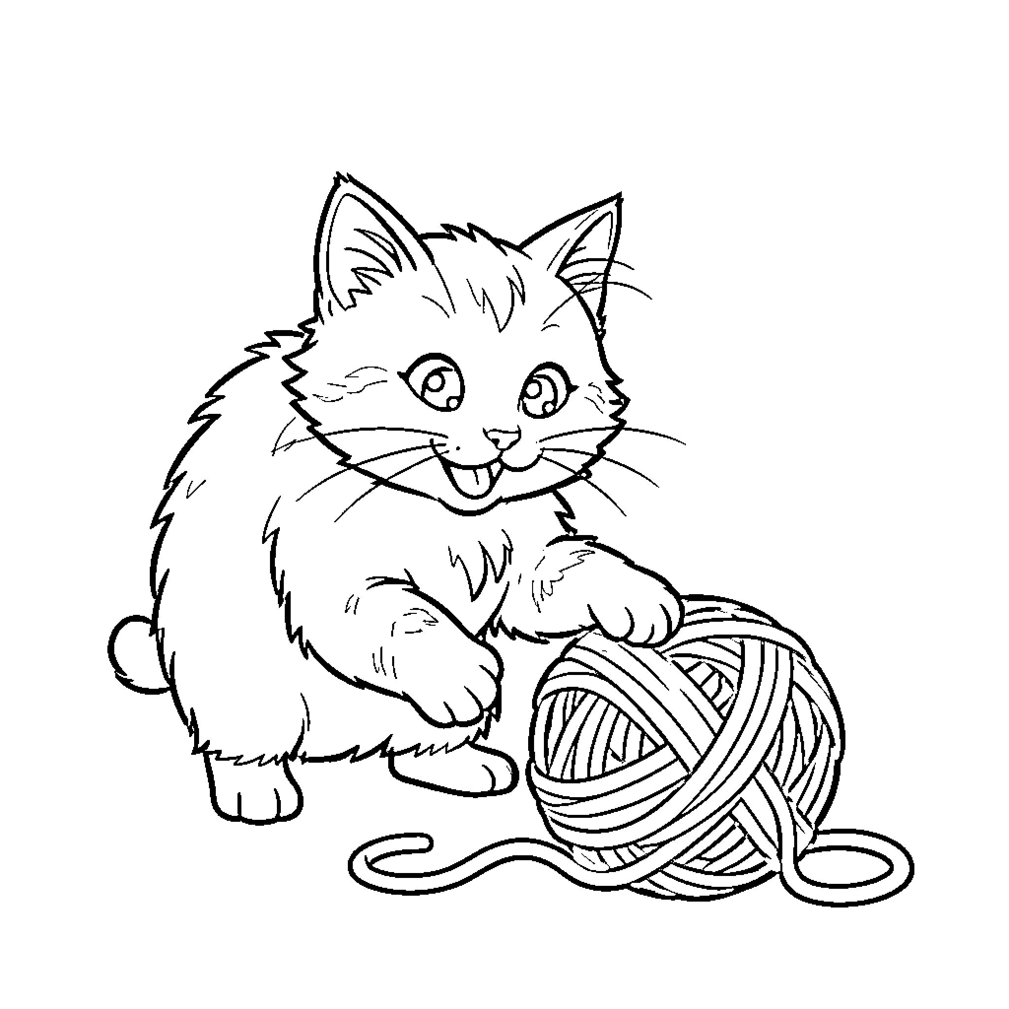 Gato playing with yarn ball Coloring Page (free black-and-white line drawing printable PDF for all, from beginners to advanced learners, including children, teens, adults, and seniors)