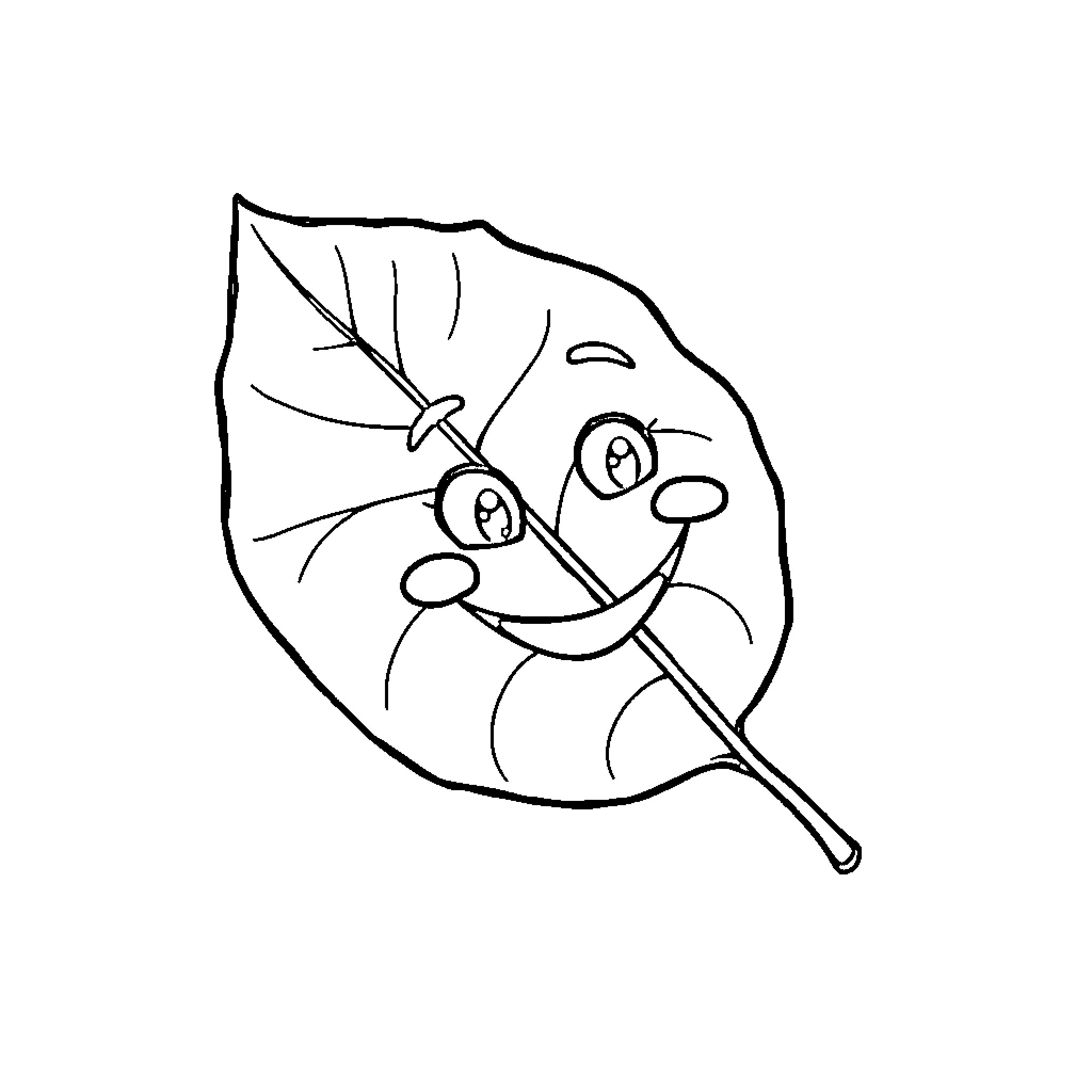 Leaf with a Smiling Face Coloring Page (free black-and-white line drawing printable PDF for all, from beginners to advanced learners, including children, teens, adults, and seniors)