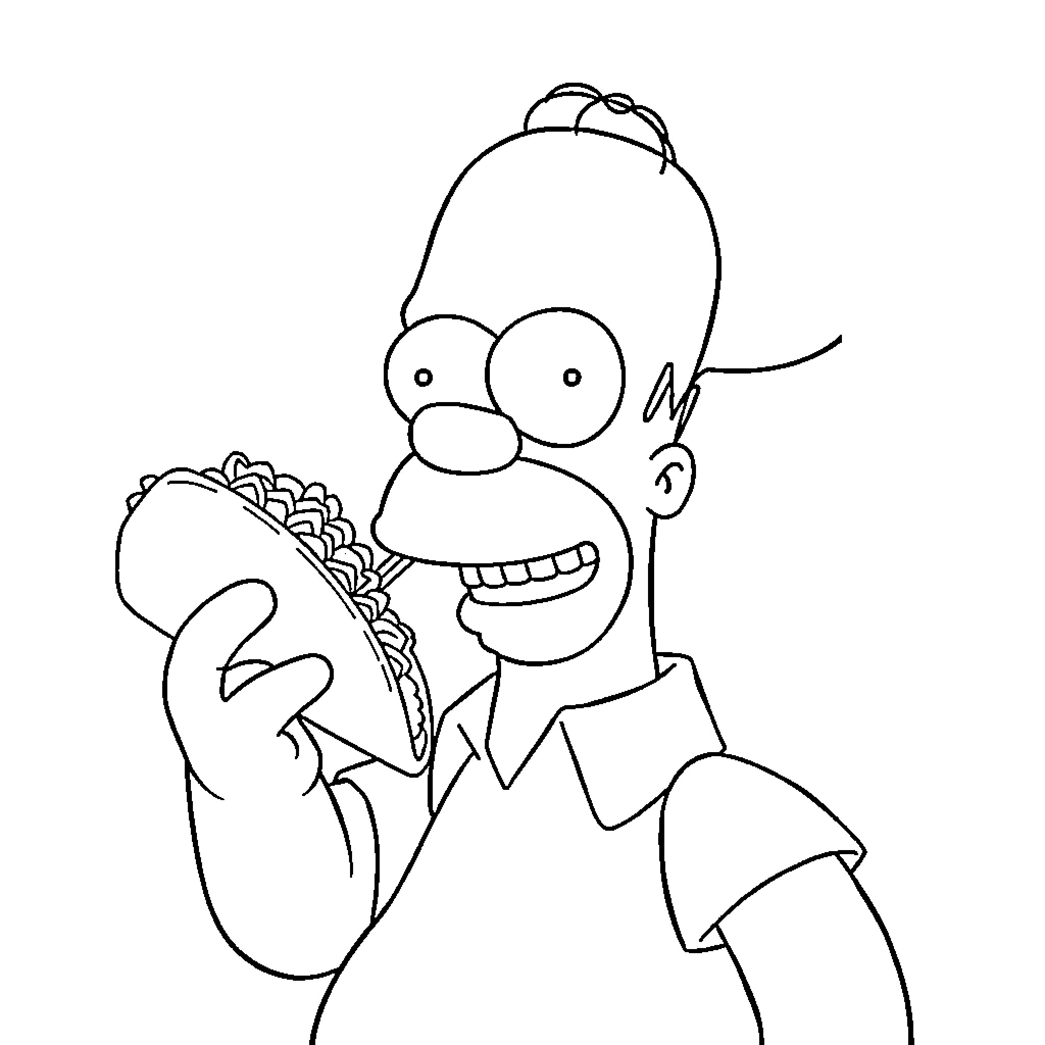 Homer Simpson in a funny, exaggerated expression Coloring Page (free black-and-white line drawing printable PDF for all, from beginners to advanced learners, including children, teens, adults, and seniors)