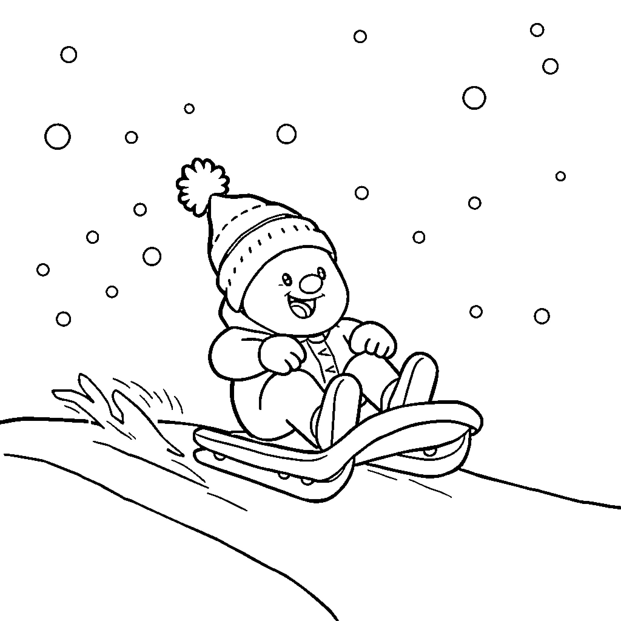Chilly Willy sledding in the snow Coloring Page (free black-and-white line drawing printable PDF for all, from beginners to advanced learners, including children, teens, adults, and seniors)