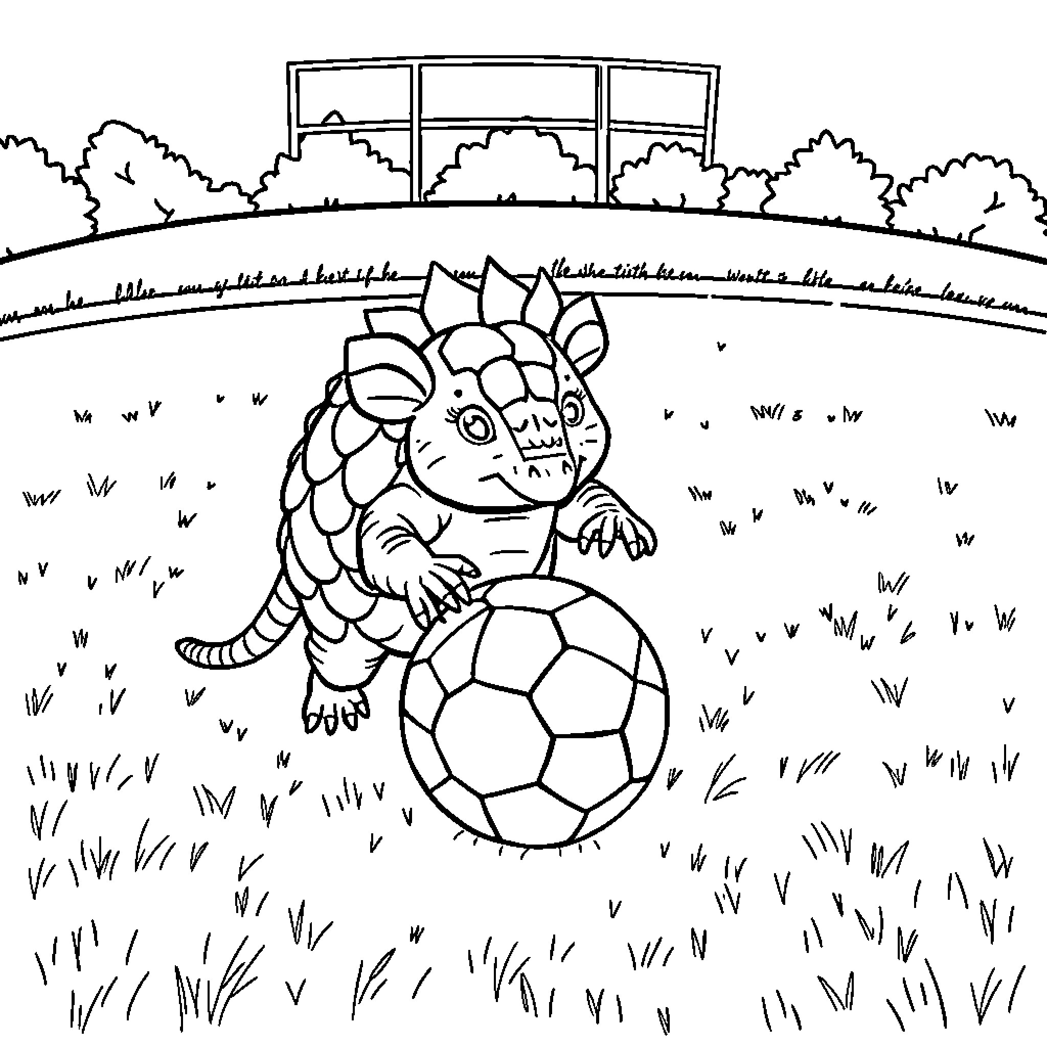 Armadillo playing with soccer ball in the park Coloring Page (free black-and-white line drawing printable PDF for all, from beginners to advanced learners, including children, teens, adults, and seniors)