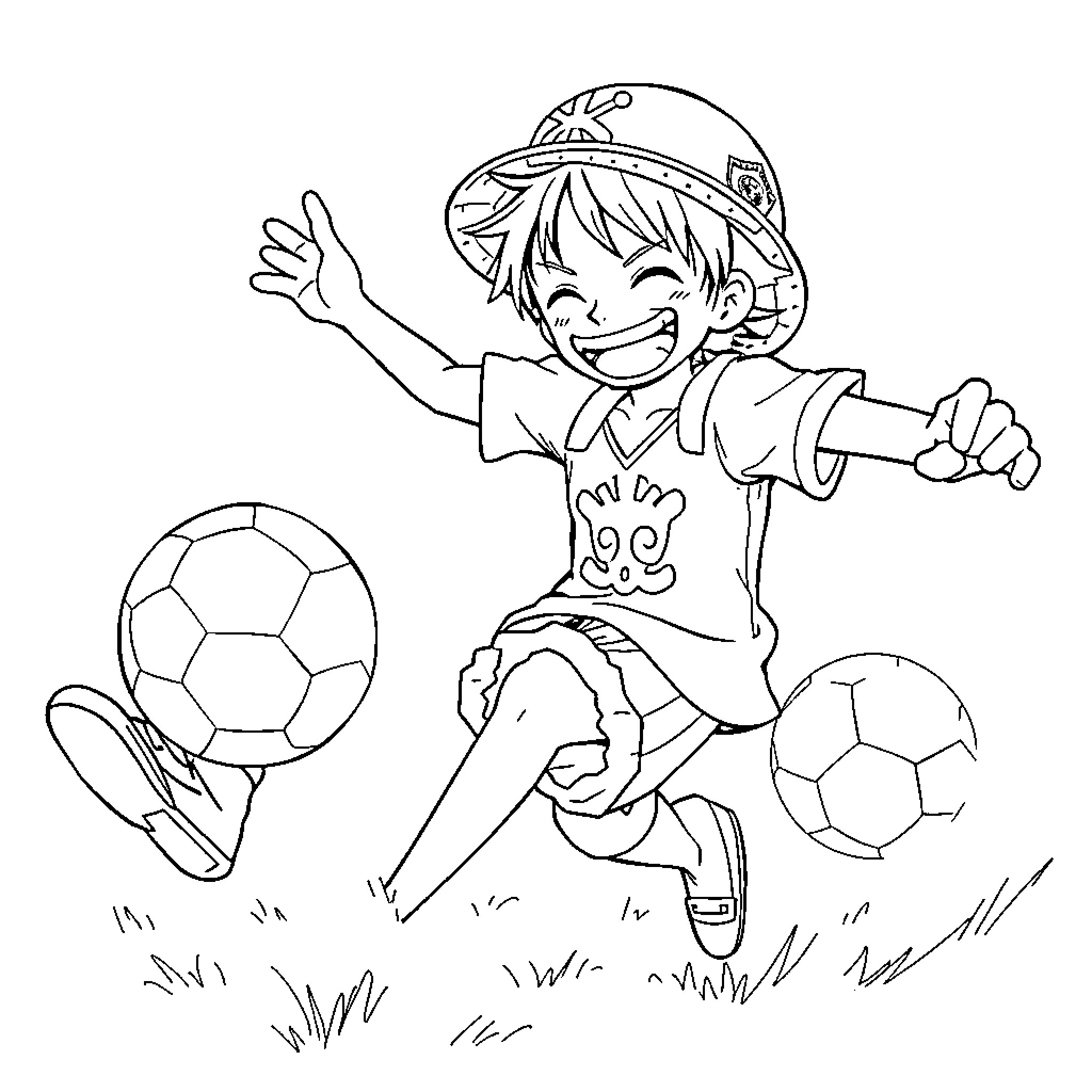 Luffy playing joyfully with soccer balls Coloring Page (free black-and-white line drawing printable PDF for all, from beginners to advanced learners, including children, teens, adults, and seniors)