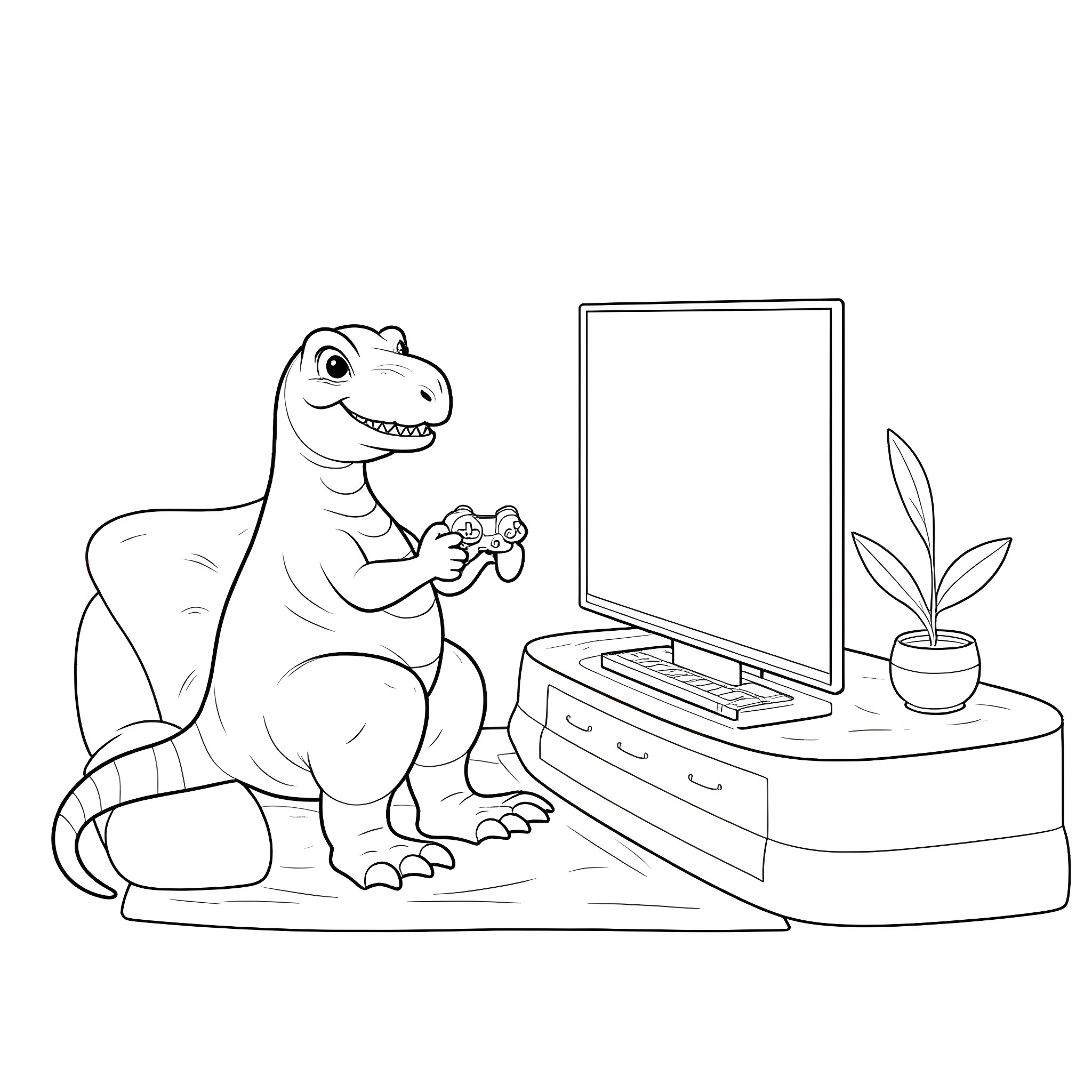 T-Rex playing video game in the living room Coloring Page (free black-and-white line drawing printable PDF for all, from beginners to advanced learners, including children, teens, adults, and seniors)