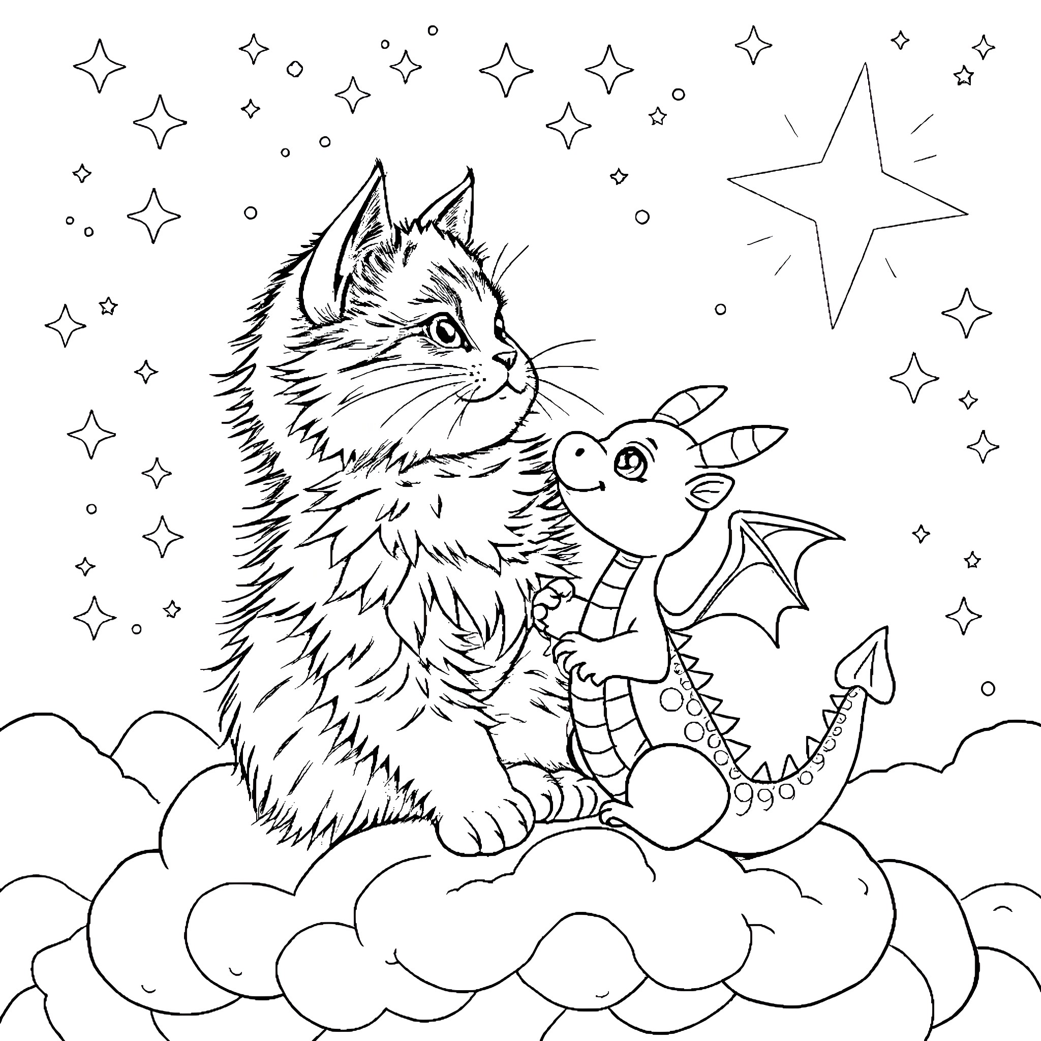 Cat and Friendly Dragon on Cloudscape Coloring Page (free black-and-white line drawing printable PDF for all, from beginners to advanced learners, including children, teens, adults, and seniors)