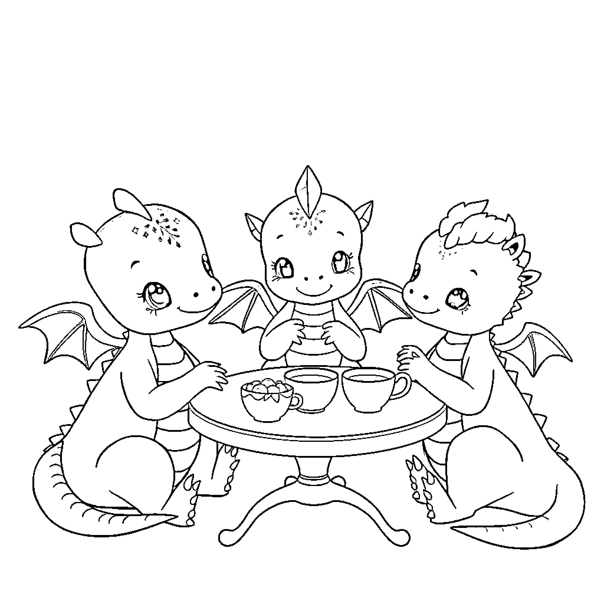 Dragon friends sharing a meal together Coloring Page (free black-and-white line drawing printable PDF for all, from beginners to advanced learners, including children, teens, adults, and seniors)