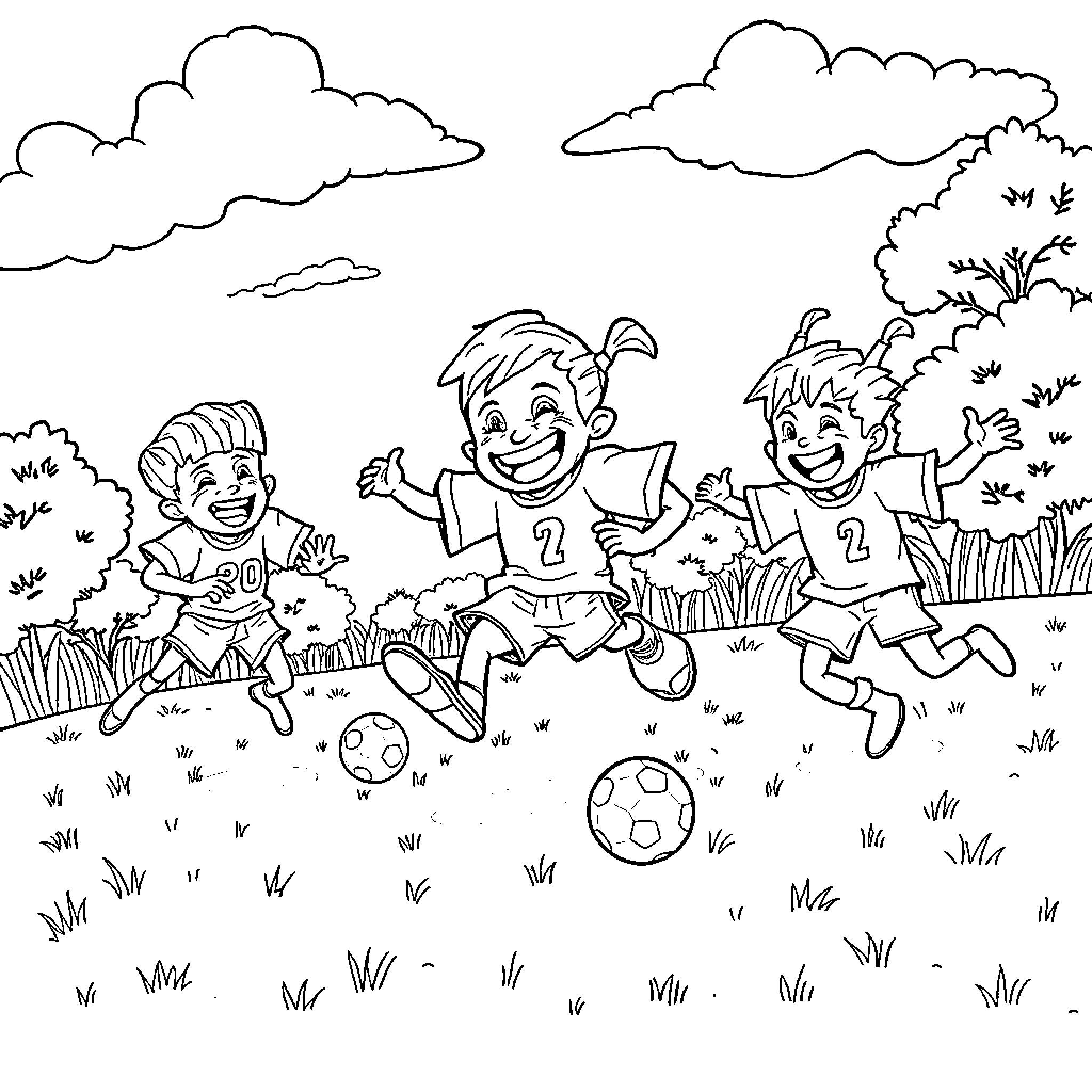 Trash Goo Jit Su Playing Soccer in Park Coloring Page (free black-and-white line drawing printable PDF for all, from beginners to advanced learners, including children, teens, adults, and seniors)