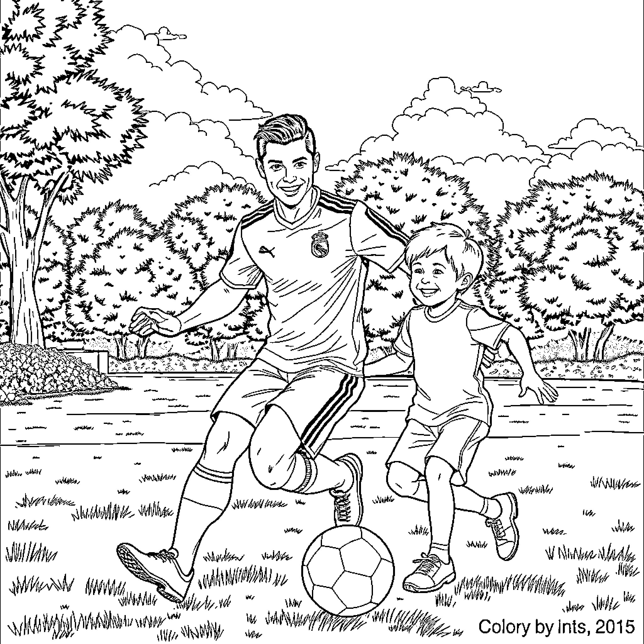 Ronaldo playing soccer with young fan in park Coloring Page (free black-and-white line drawing printable PDF for all, from beginners to advanced learners, including children, teens, adults, and seniors)