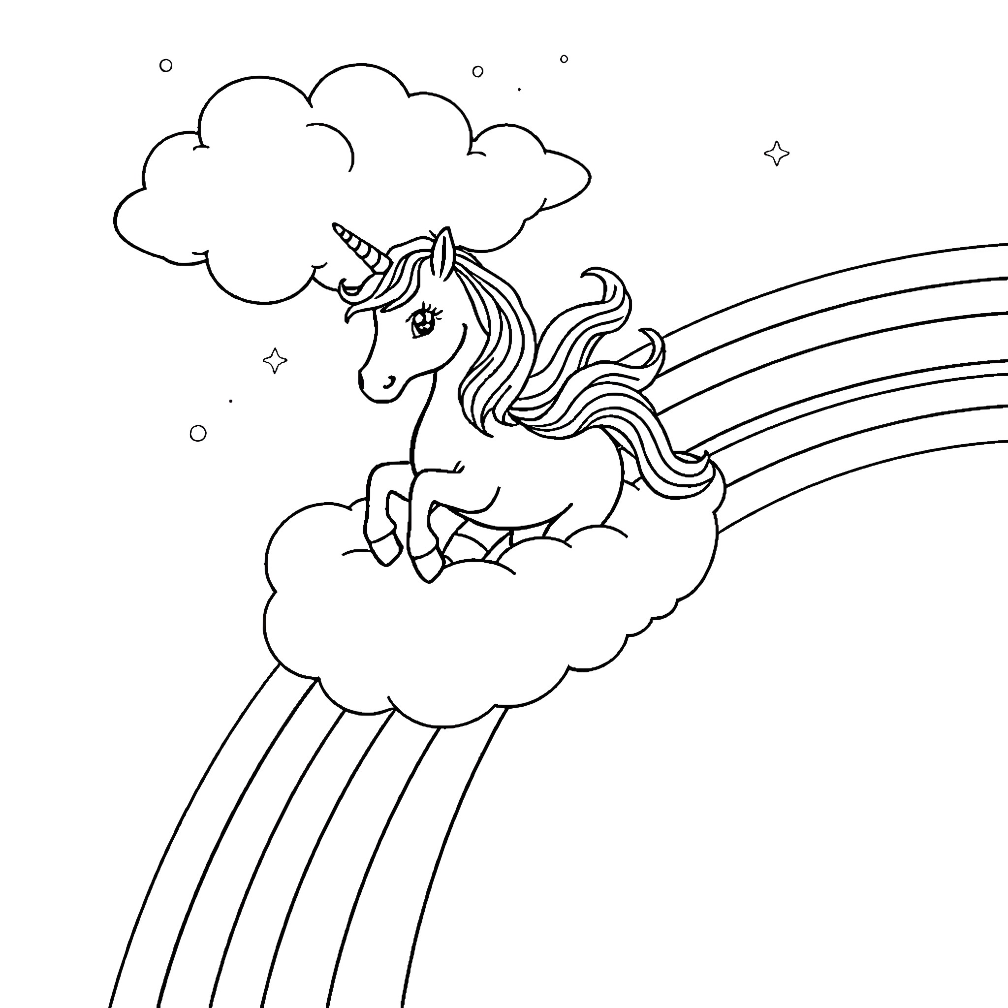 Unicorn leaping through clouds with rainbow Coloring Page (free black-and-white line drawing printable PDF for all, from beginners to advanced learners, including children, teens, adults, and seniors)