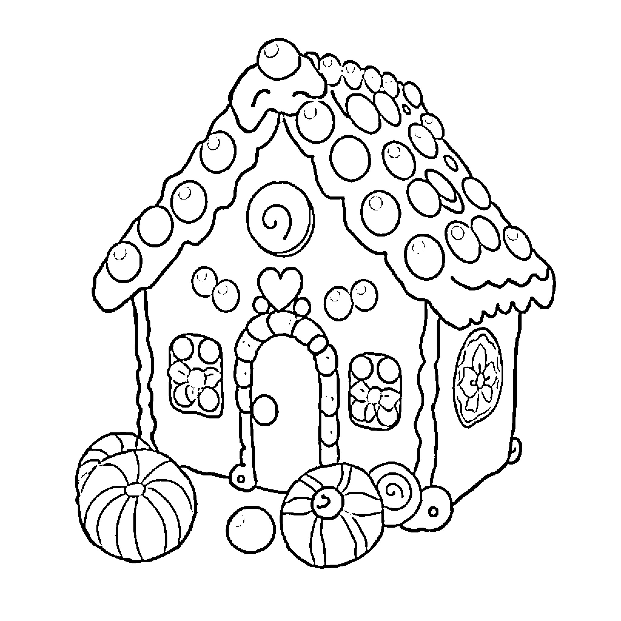 Gingerbread House with Decorative Designs and Shapes Coloring Page (free black-and-white line drawing printable PDF for all, from beginners to advanced learners, including children, teens, adults, and seniors)