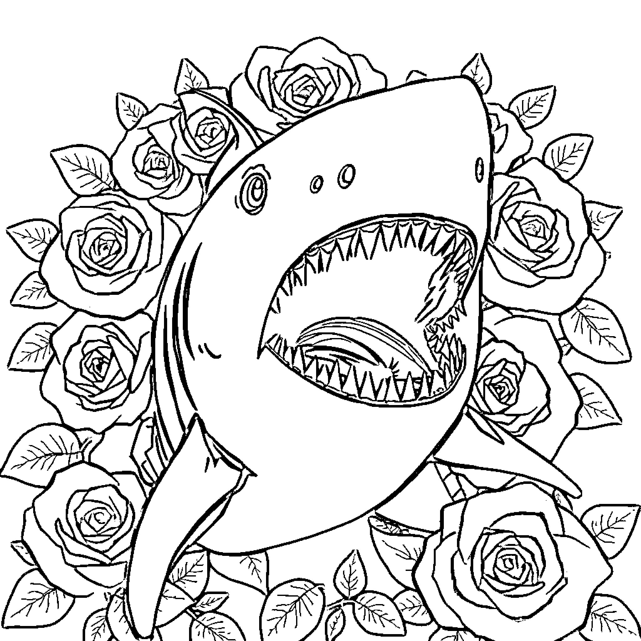 Shark with Roses Coloring Page (free black-and-white line drawing printable PDF for all, from beginners to advanced learners, including children, teens, adults, and seniors)