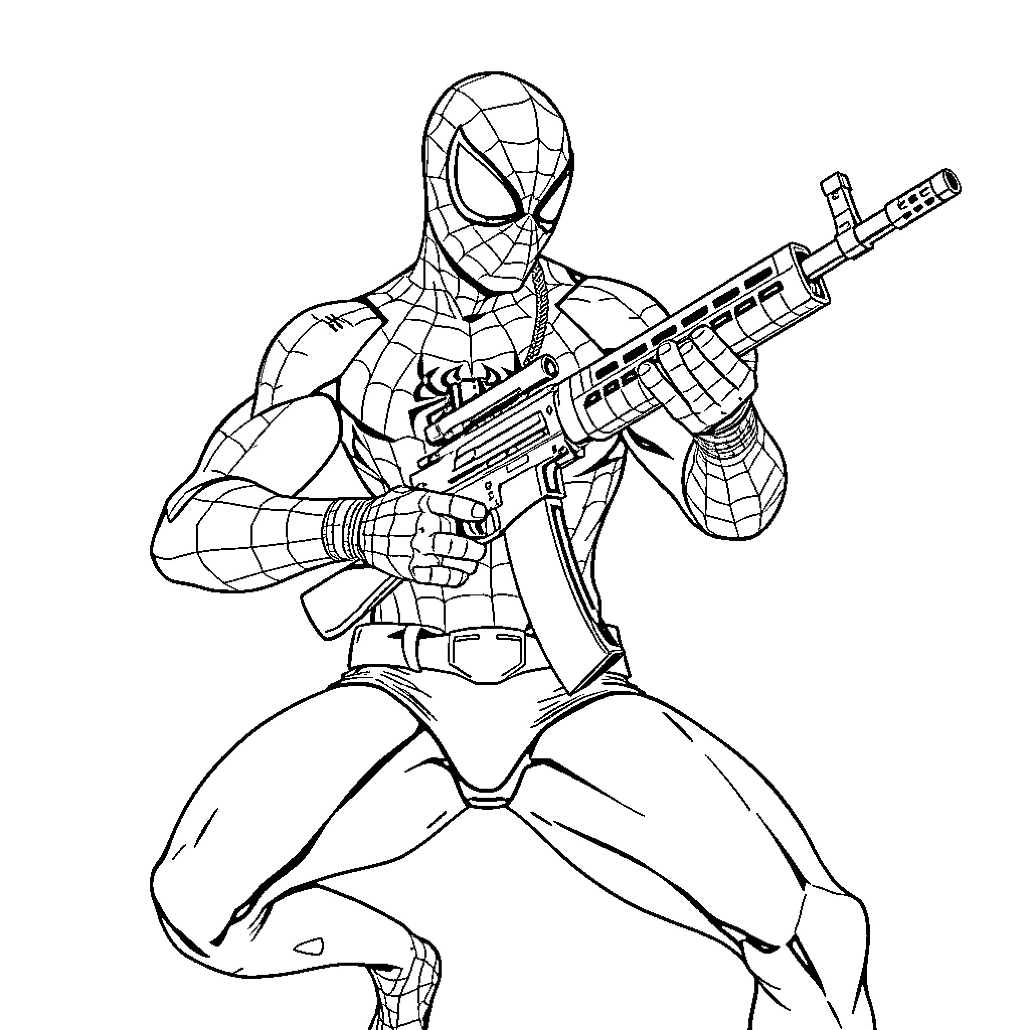 Spiderman in a combat pose holding a rifle Coloring Page (free black-and-white line drawing printable PDF for all, from beginners to advanced learners, including children, teens, adults, and seniors)