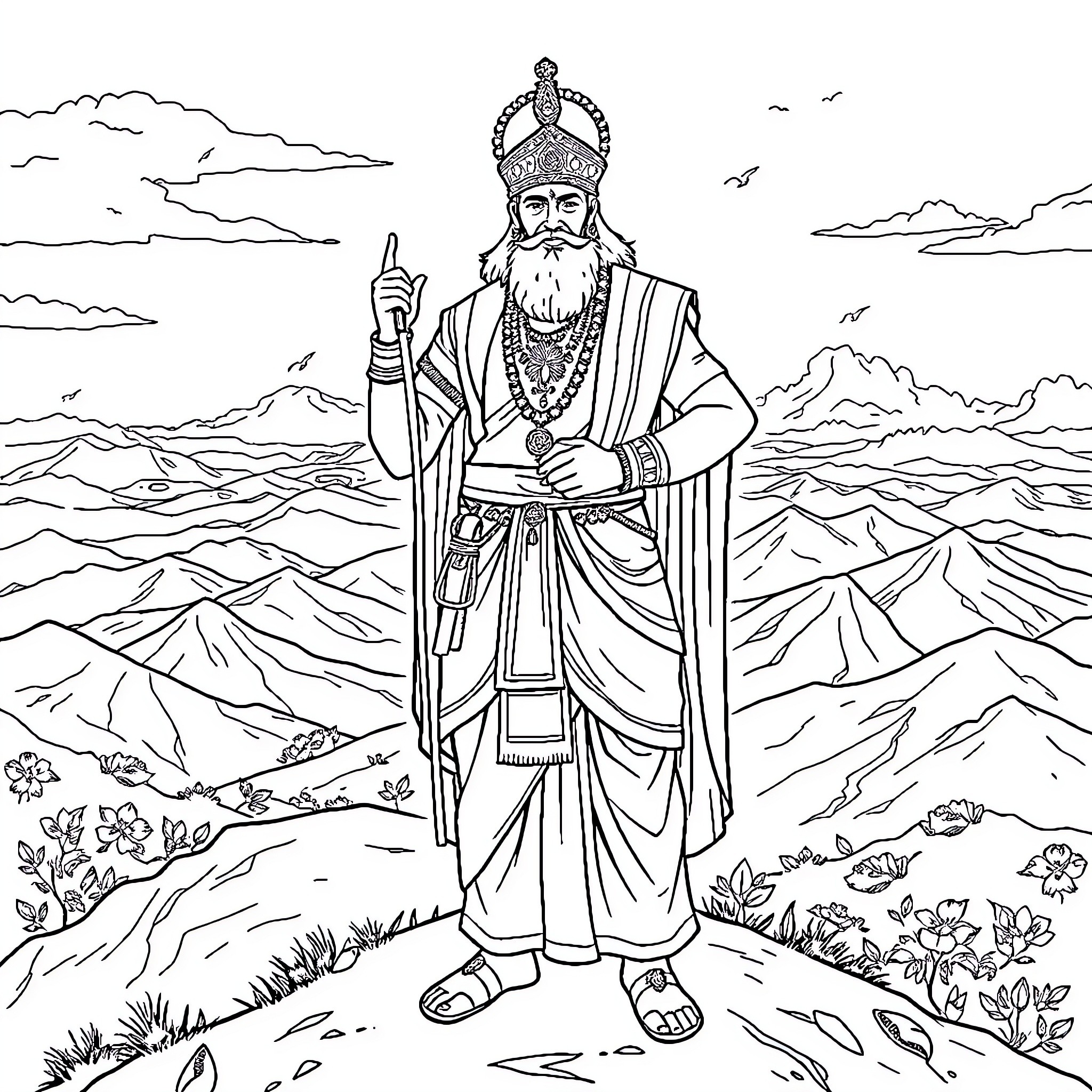 Sambhaiji, the Majestic Ruler Surveying His Vast Dominion Coloring Page (free black-and-white line drawing printable PDF for all, from beginners to advanced learners, including children, teens, adults, and seniors)