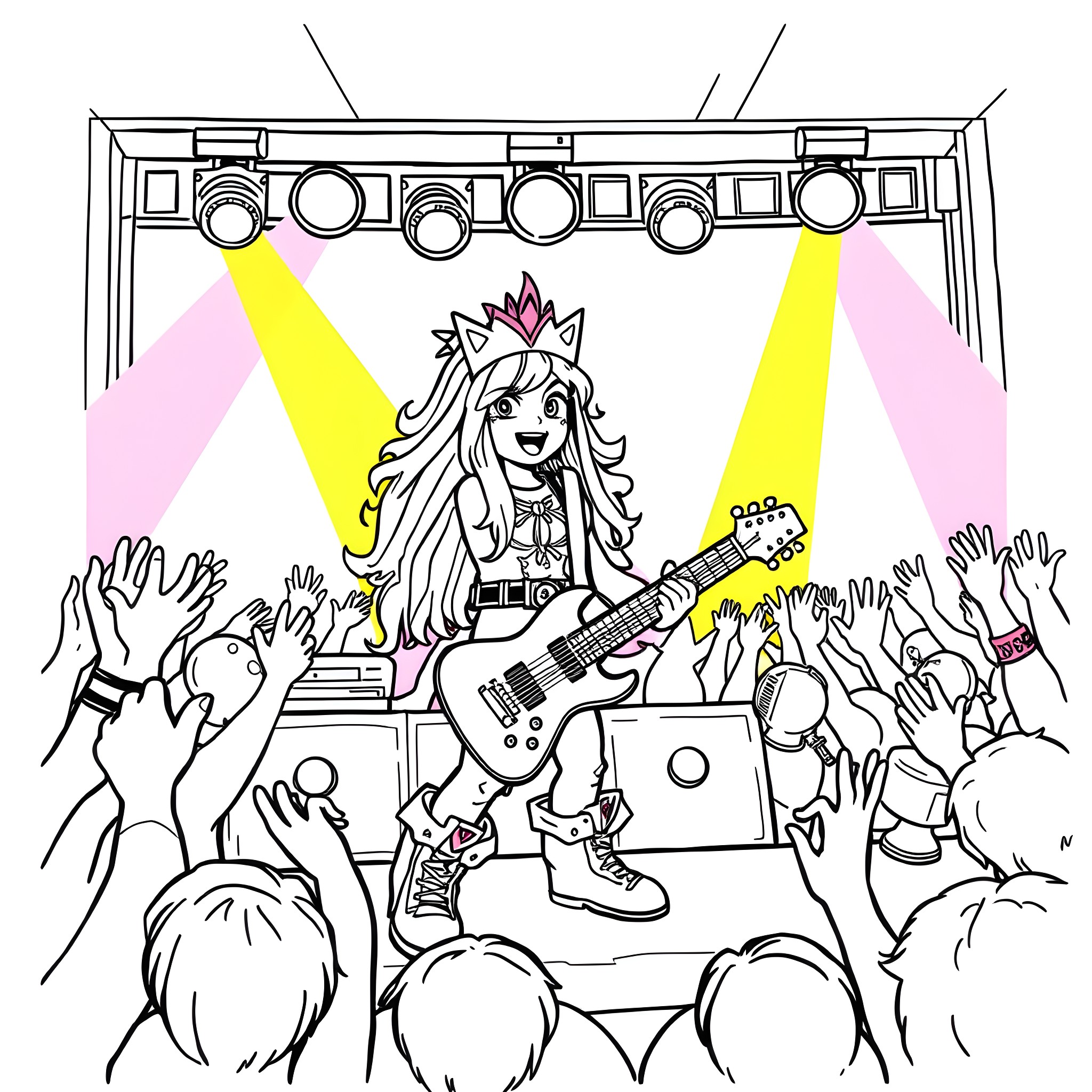 Rainbow Brite performing on stage with a guitar Coloring Page (free black-and-white line drawing printable PDF for all, from beginners to advanced learners, including children, teens, adults, and seniors)