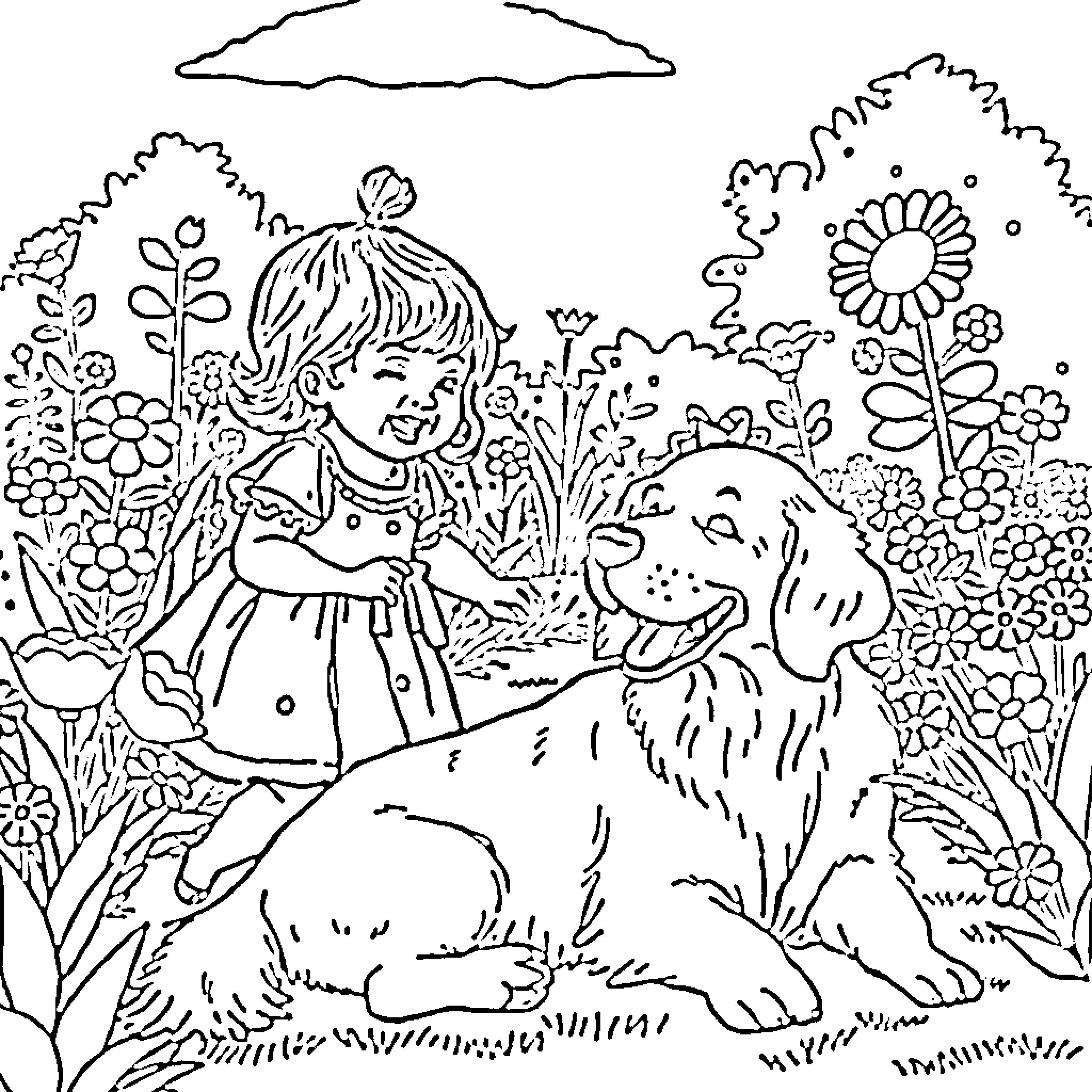 Baby Girl Playing Happily with Puppy in Garden Coloring Page (free black-and-white line drawing printable PDF for all, from beginners to advanced learners, including children, teens, adults, and seniors)