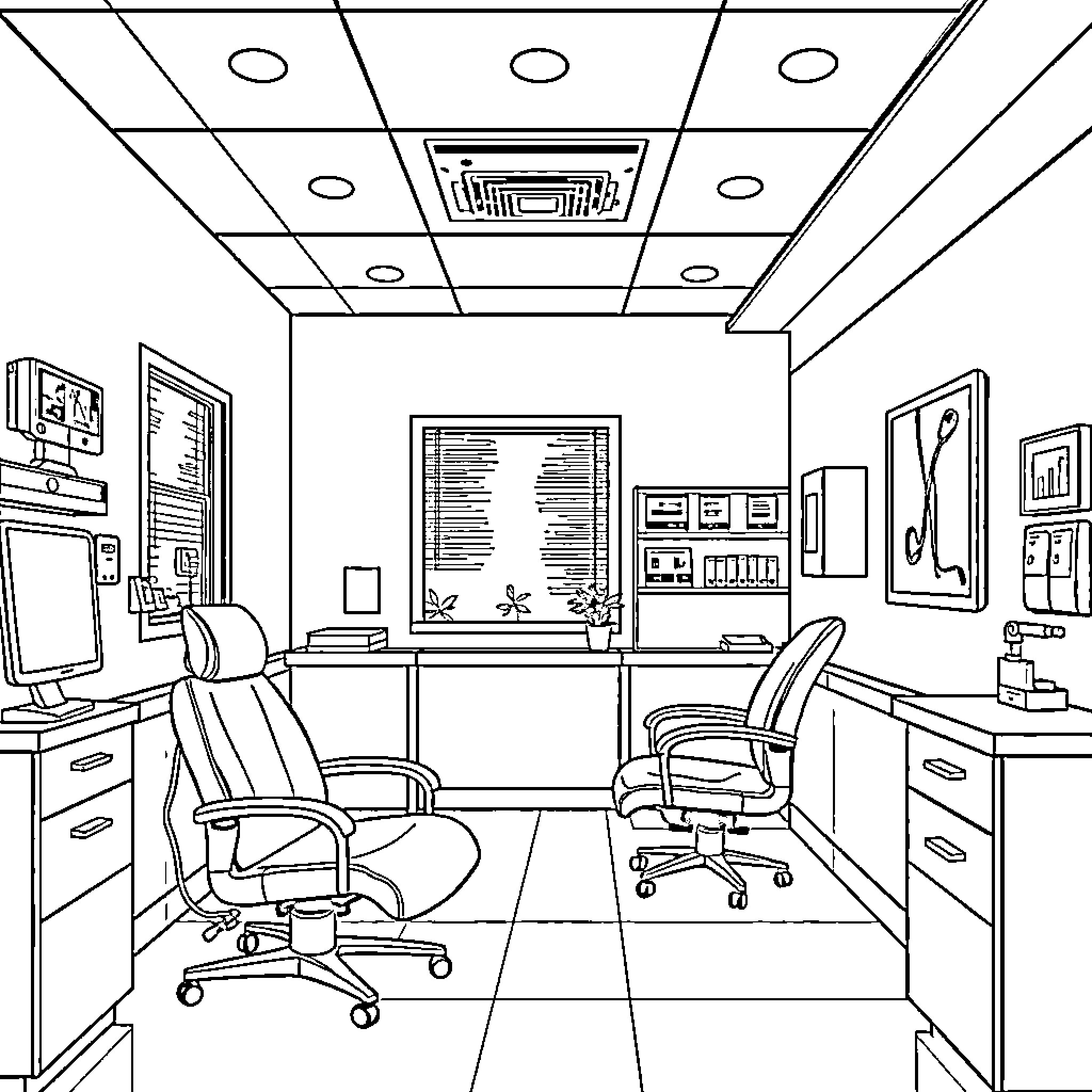 Doctor's Modern and Organized Office Space Coloring Page (free black-and-white line drawing printable PDF for all, from beginners to advanced learners, including children, teens, adults, and seniors)