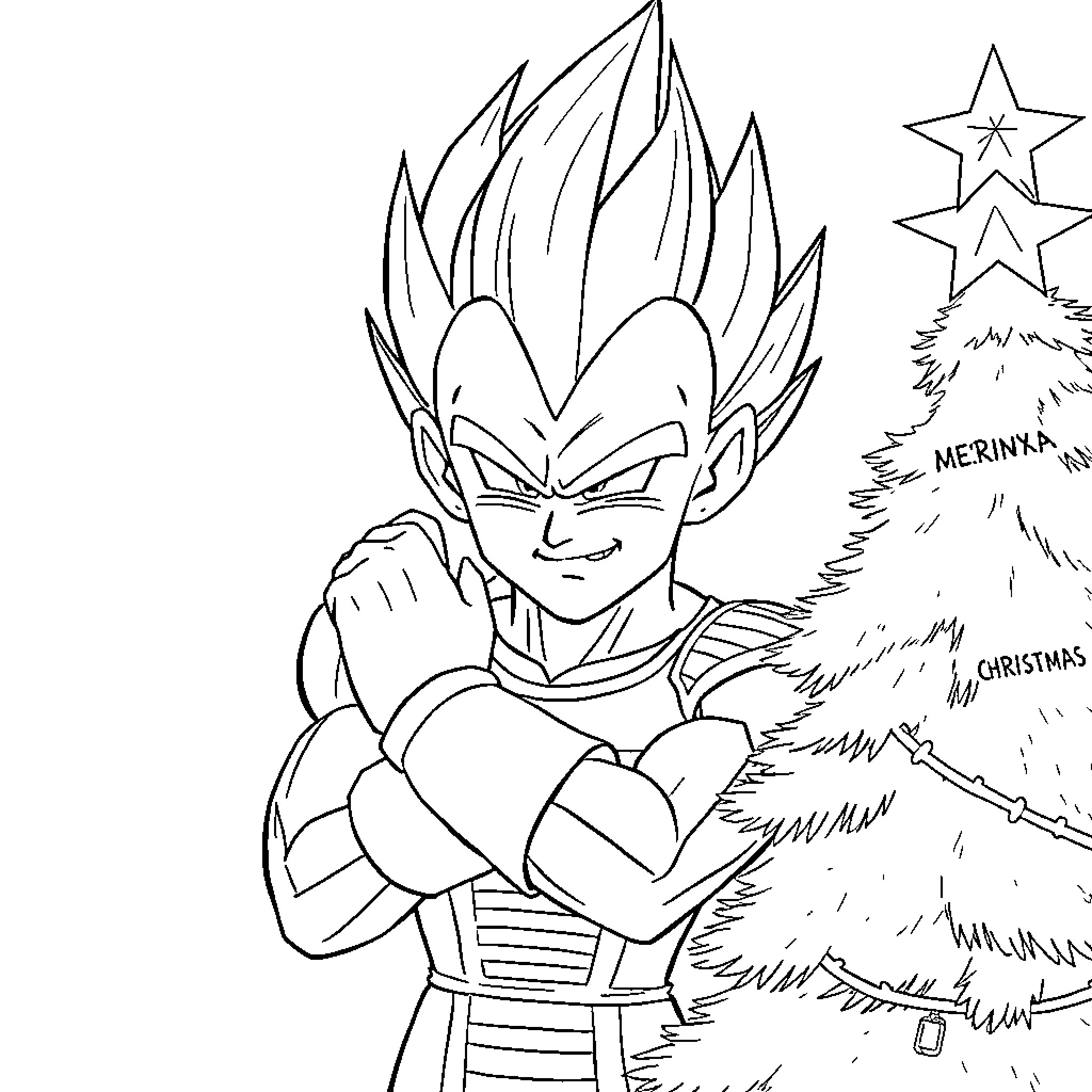 Vegeta posing with crossed arms before a Christmas tree Coloring Page (free black-and-white line drawing printable PDF for all, from beginners to advanced learners, including children, teens, adults, and seniors)