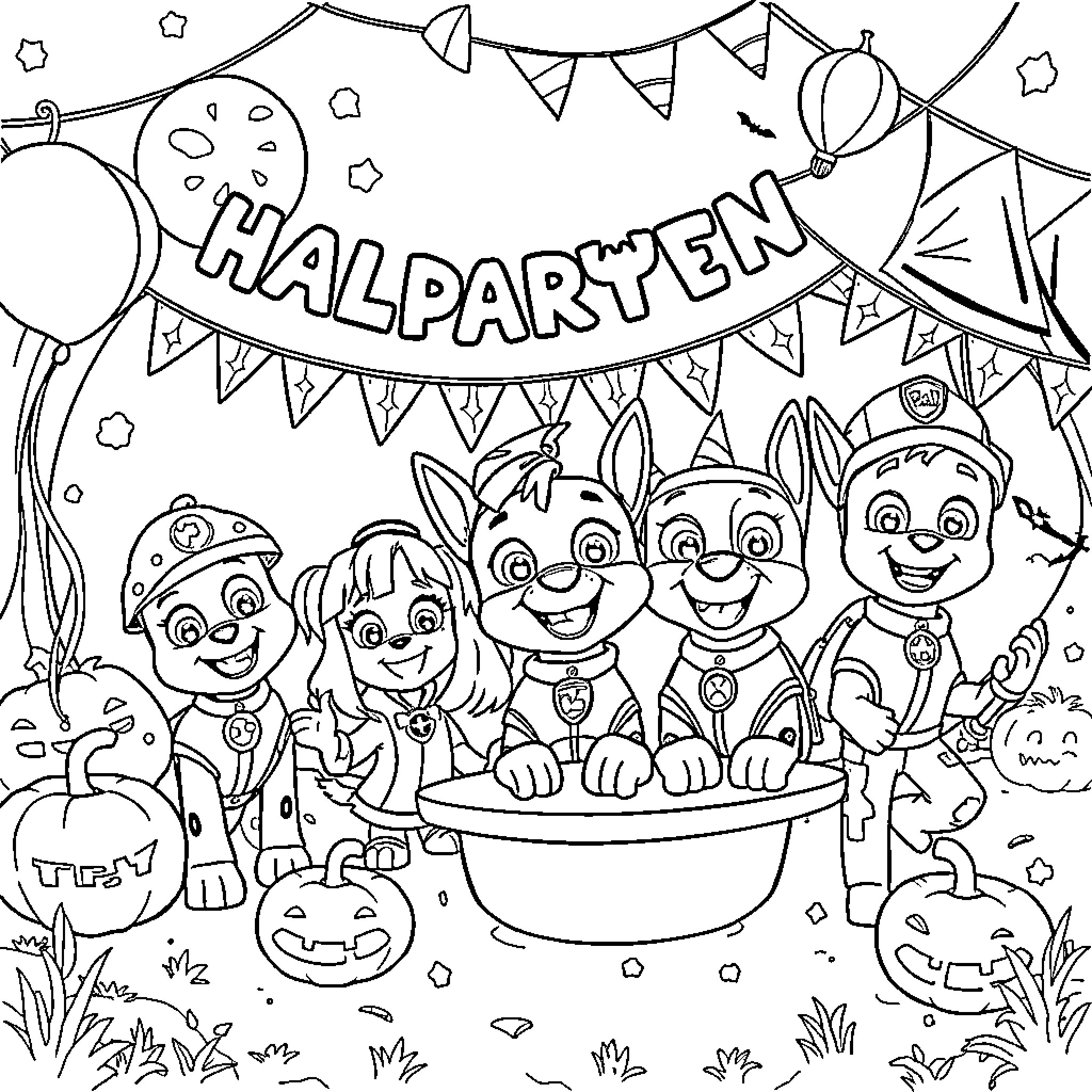 Paw Patrol Celebrating at a Halloween Party Coloring Page (free black-and-white line drawing printable PDF for all, from beginners to advanced learners, including children, teens, adults, and seniors)