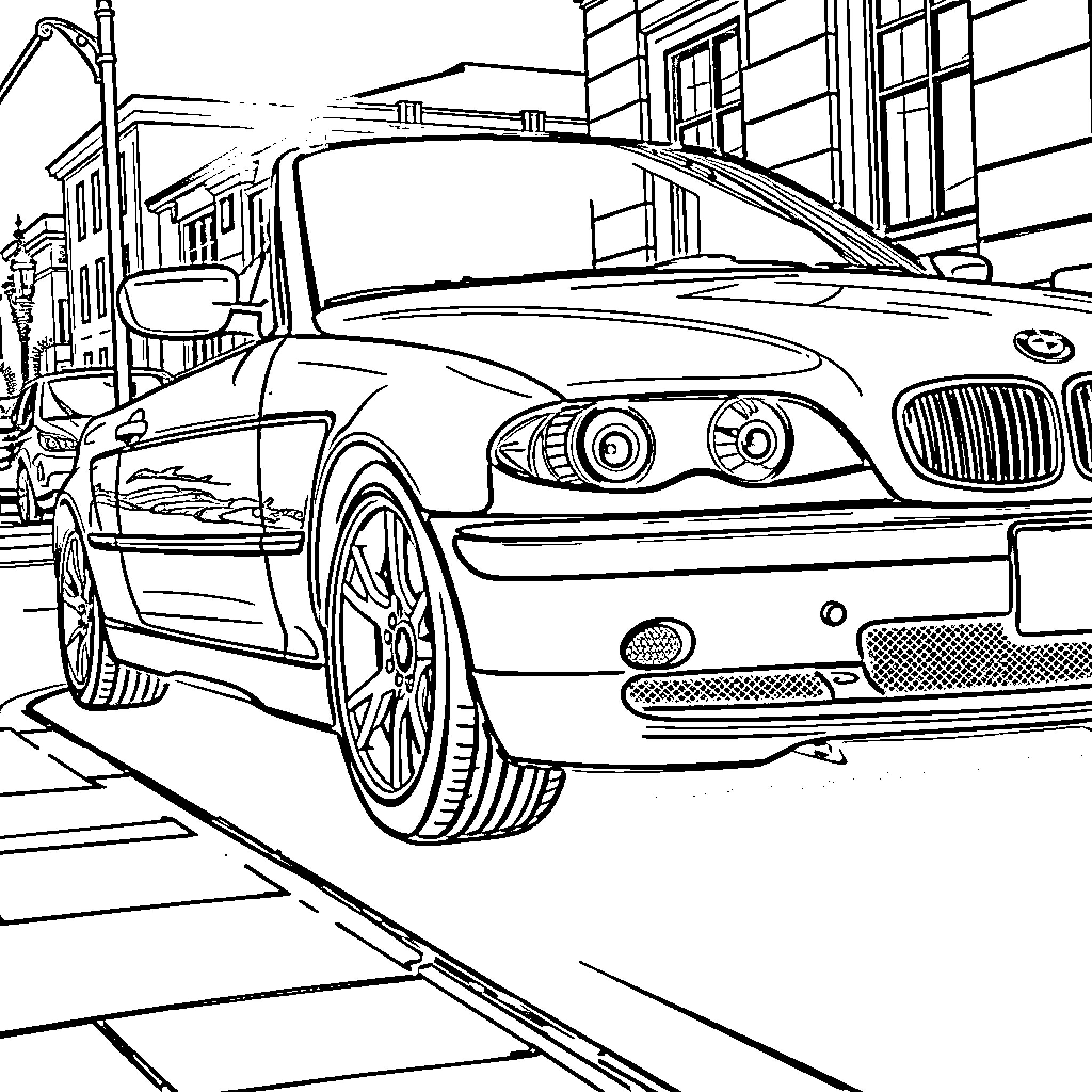 BMW luxury sedan on city street Coloring Page (free black-and-white line drawing printable PDF for all, from beginners to advanced learners, including children, teens, adults, and seniors)