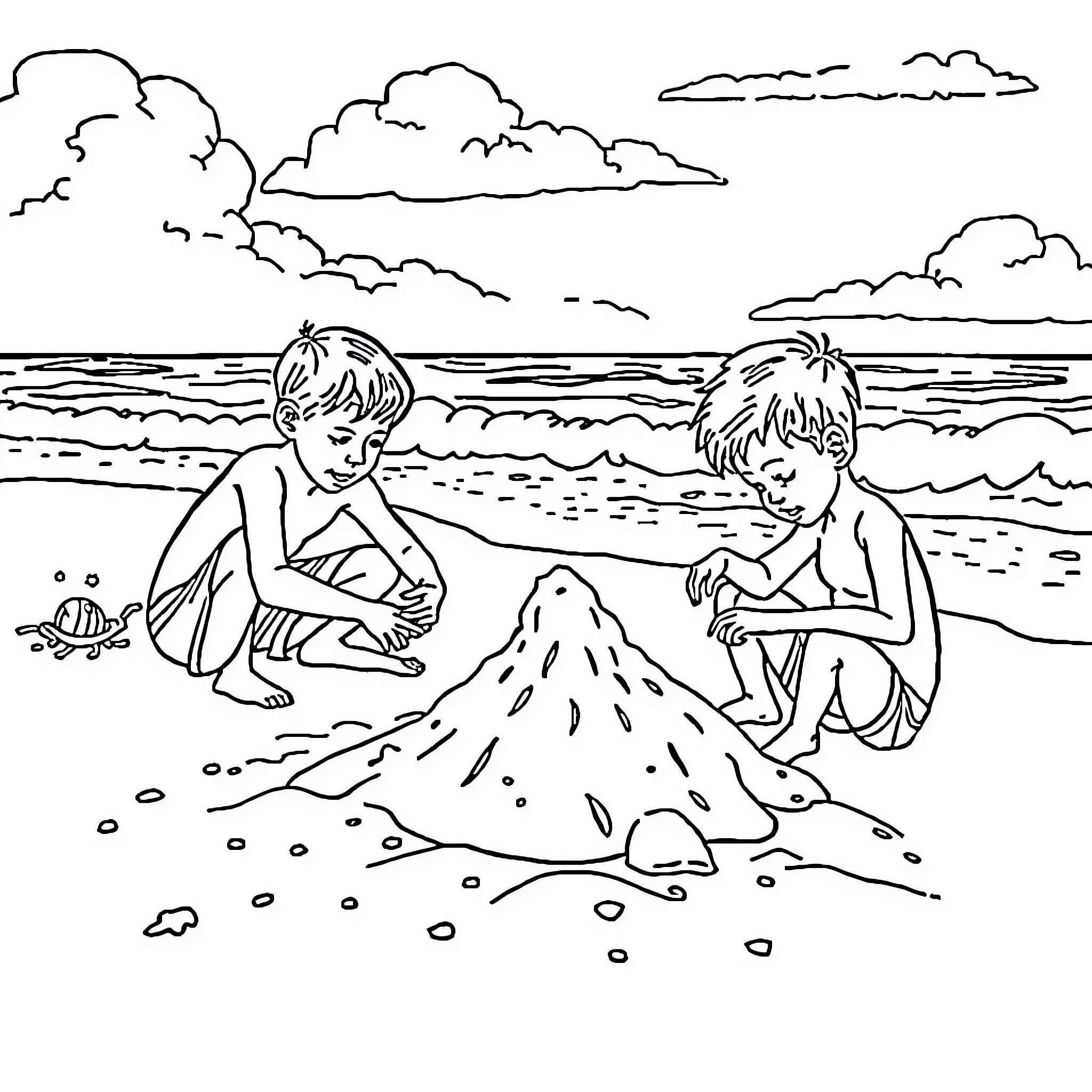Saja Boy Building Sand Castles on the Beach Coloring Page (free black-and-white line drawing printable PDF for all, from beginners to advanced learners, including children, teens, adults, and seniors)