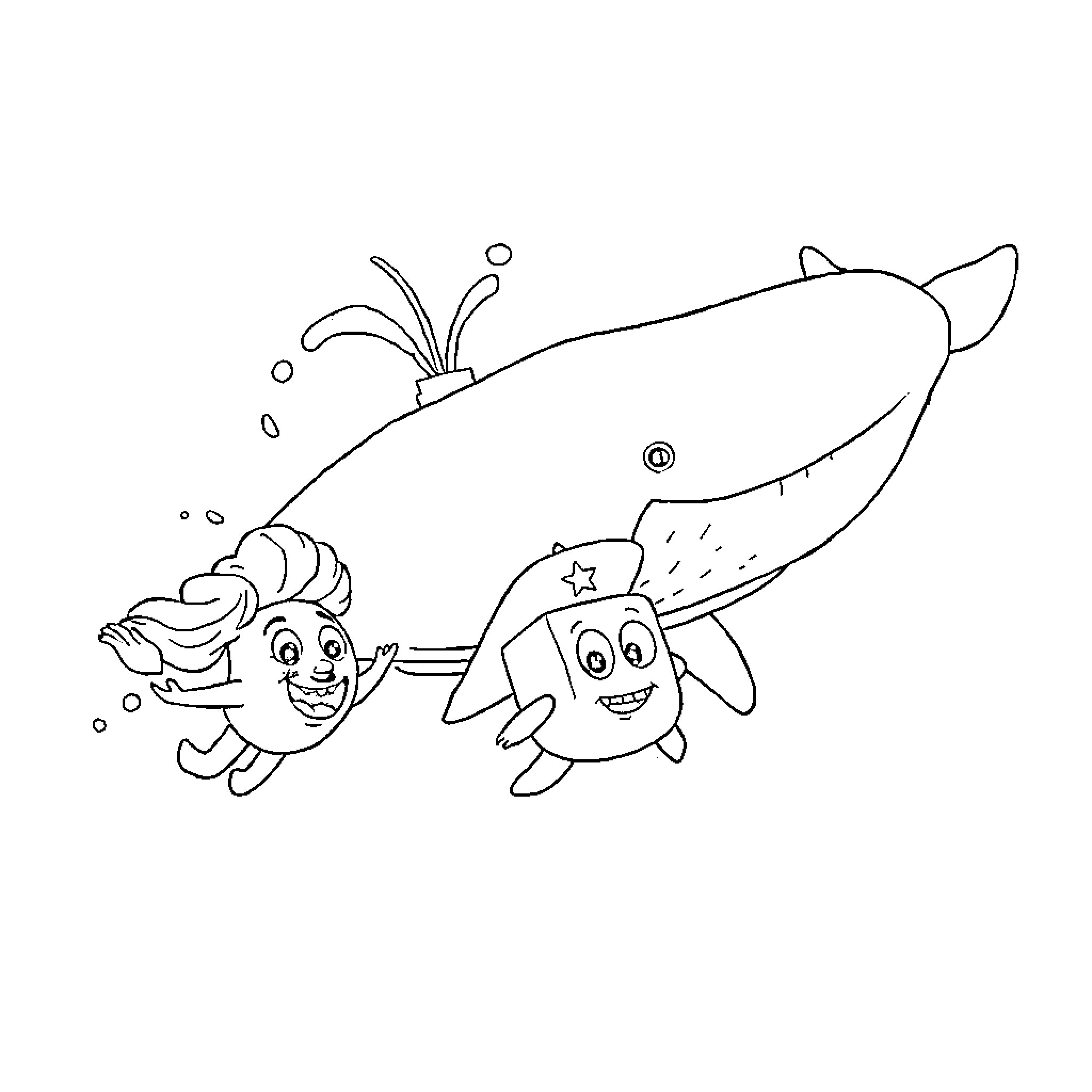 Whale and Fish Friends Explore the Ocean Coloring Page (free black-and-white line drawing printable PDF for all, from beginners to advanced learners, including children, teens, adults, and seniors)