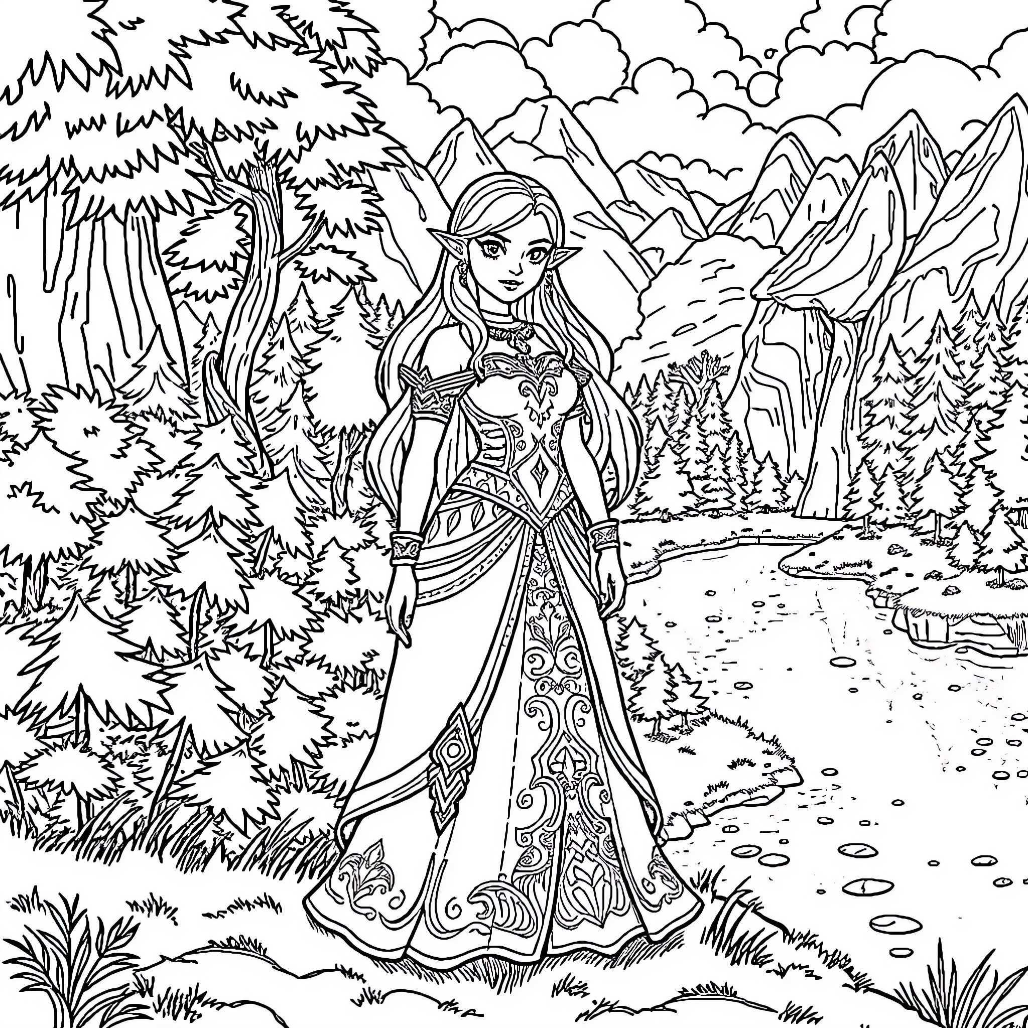 Zelda exploring the enchanted forest Coloring Page (free black-and-white line drawing printable PDF for all, from beginners to advanced learners, including children, teens, adults, and seniors)
