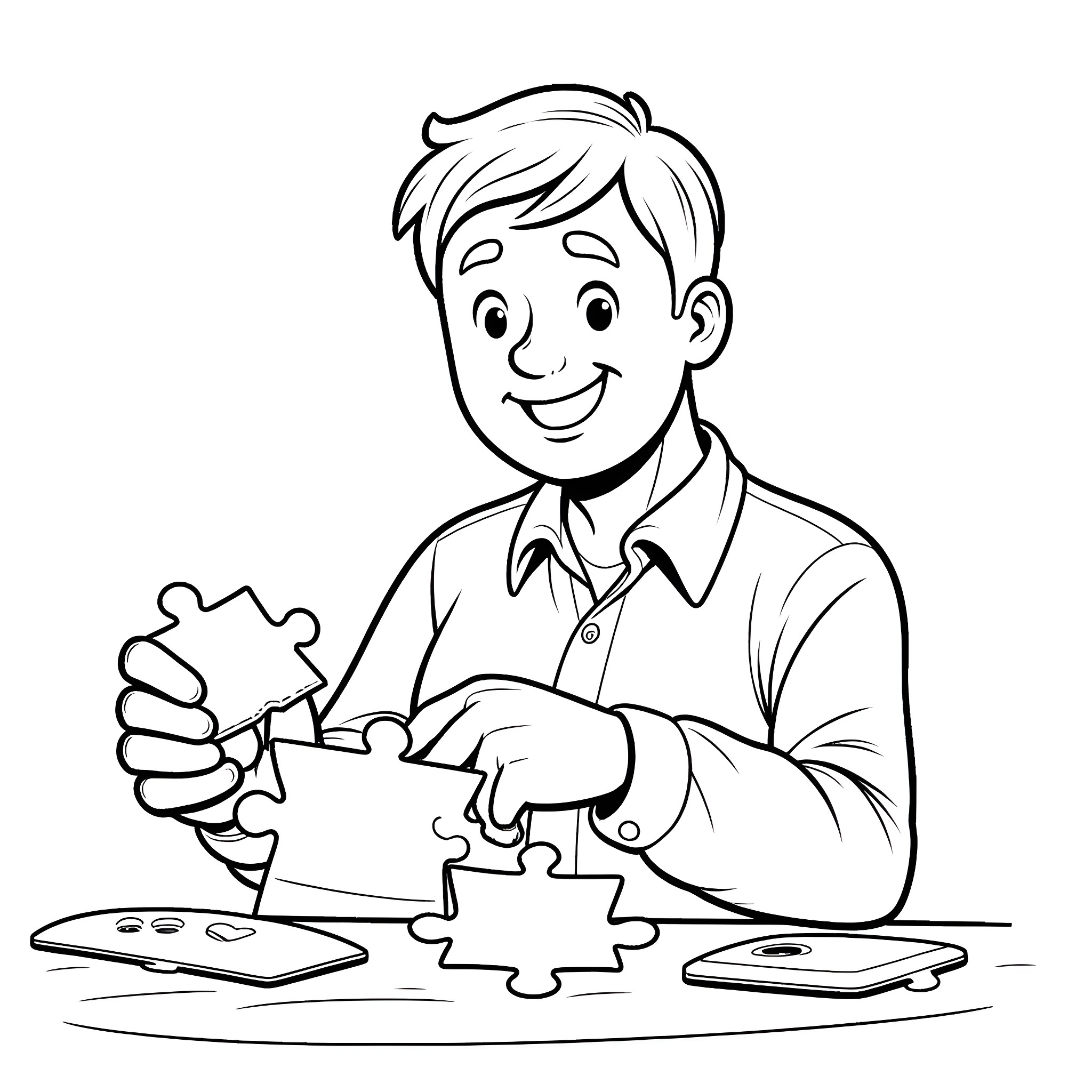 Puzzle of a Smiling Man Solving Jigsaw Puzzle Coloring Page (free black-and-white line drawing printable PDF for all, from beginners to advanced learners, including children, teens, adults, and seniors)