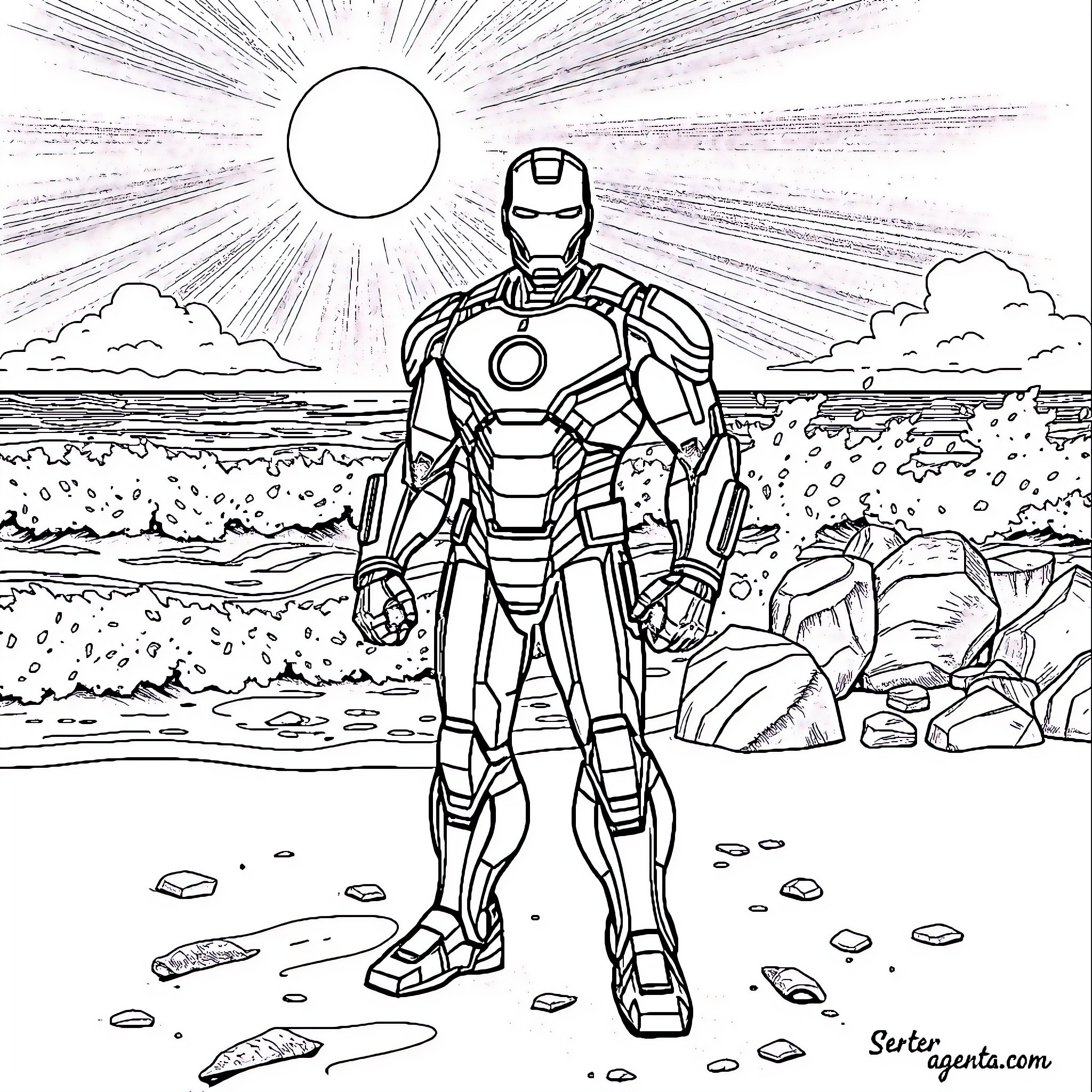 Iron Man standing heroically in a natural landscape Coloring Page (free black-and-white line drawing printable PDF for all, from beginners to advanced learners, including children, teens, adults, and seniors)