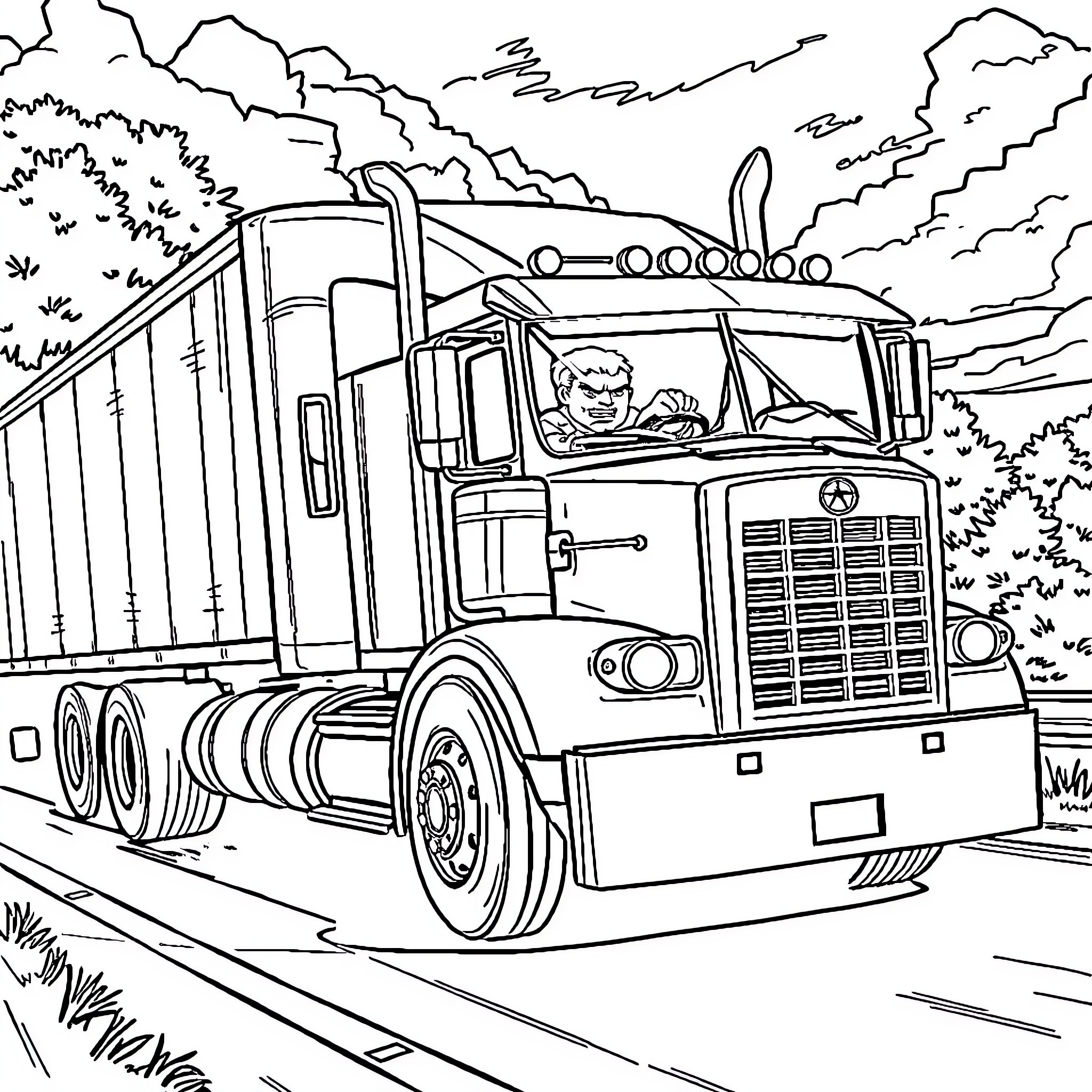 Hulk driving a large semi-truck on the road Coloring Page (free black-and-white line drawing printable PDF for all, from beginners to advanced learners, including children, teens, adults, and seniors)