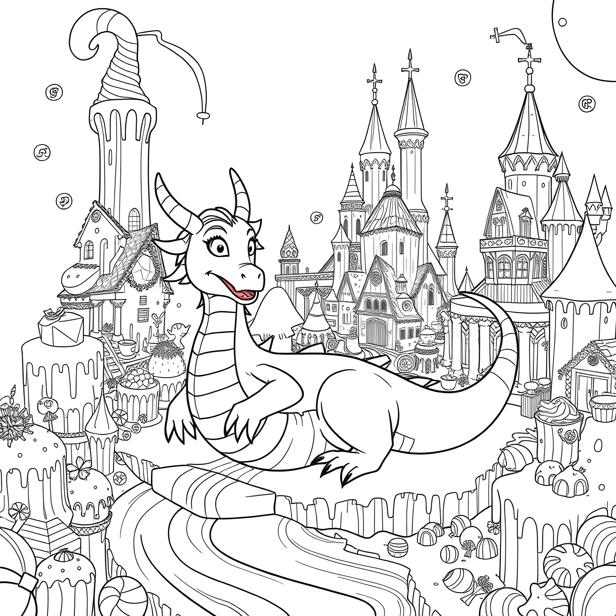 Dragon resting in a magical fantasy castle landscape Coloring Page (free black-and-white line drawing printable PDF for all, from beginners to advanced learners, including children, teens, adults, and seniors)