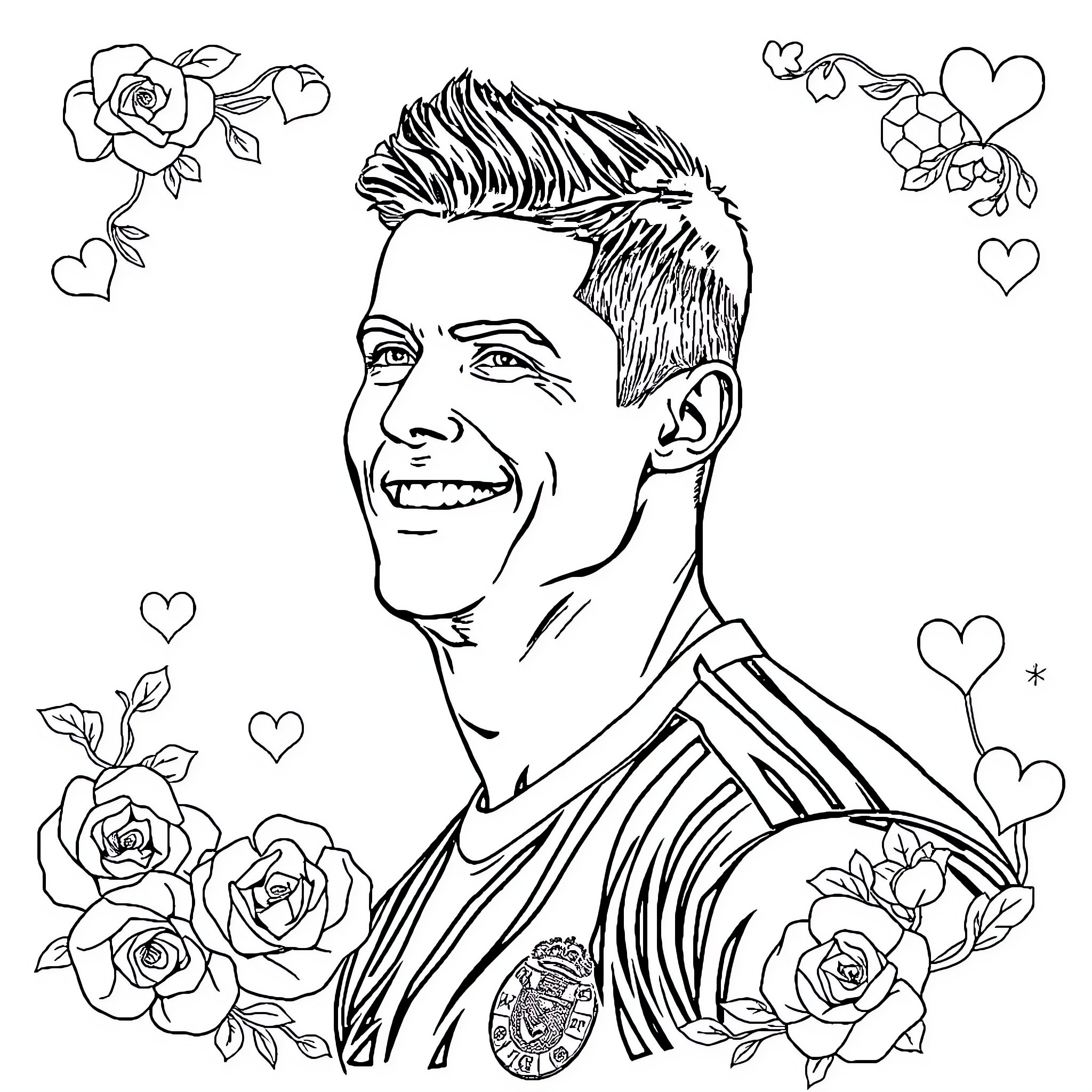 Ronaldo's Cheerful Smile Amid Floral Decorations Coloring Page (free black-and-white line drawing printable PDF for all, from beginners to advanced learners, including children, teens, adults, and seniors)