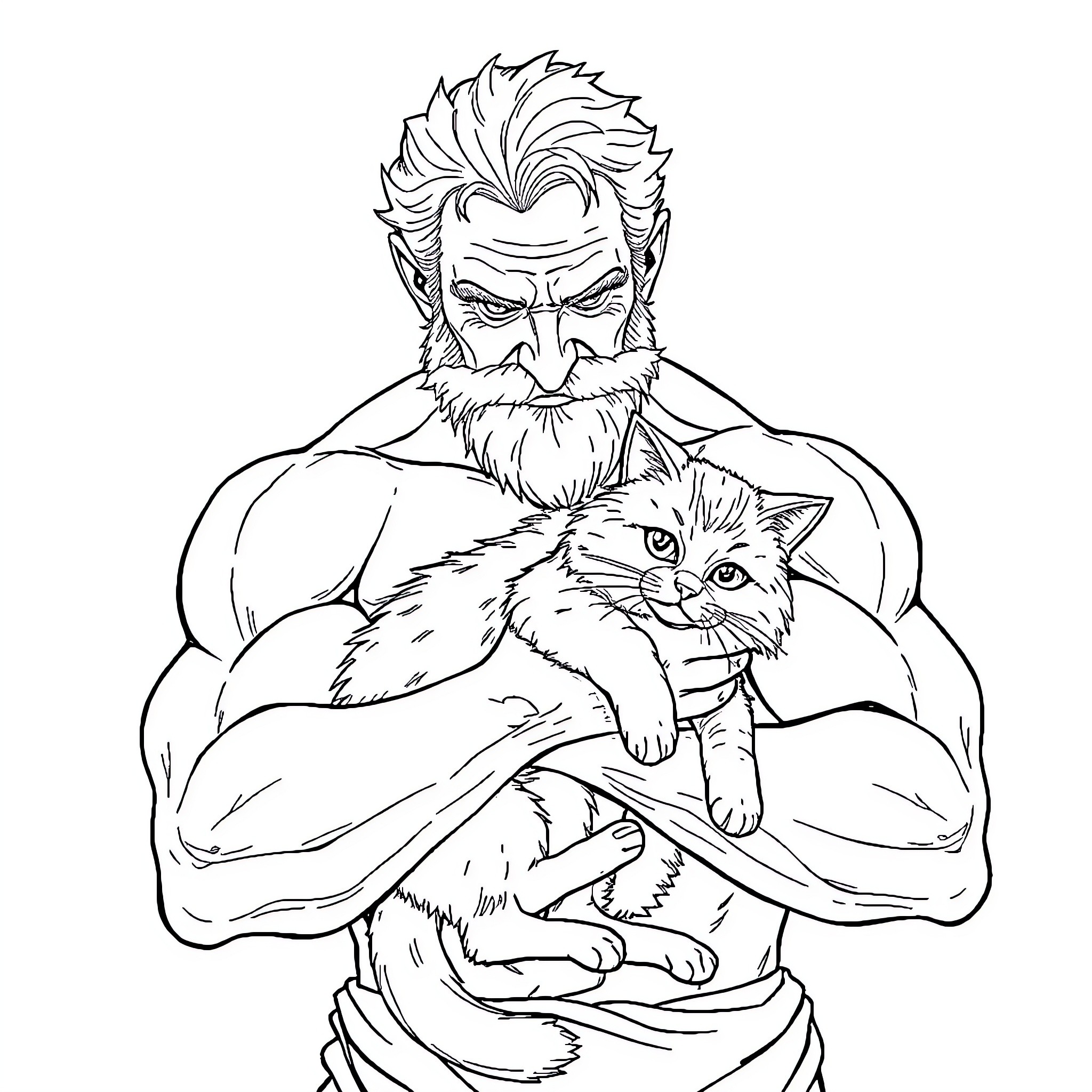 Man holding a playful cat Coloring Page (free black-and-white line drawing printable PDF for all, from beginners to advanced learners, including children, teens, adults, and seniors)