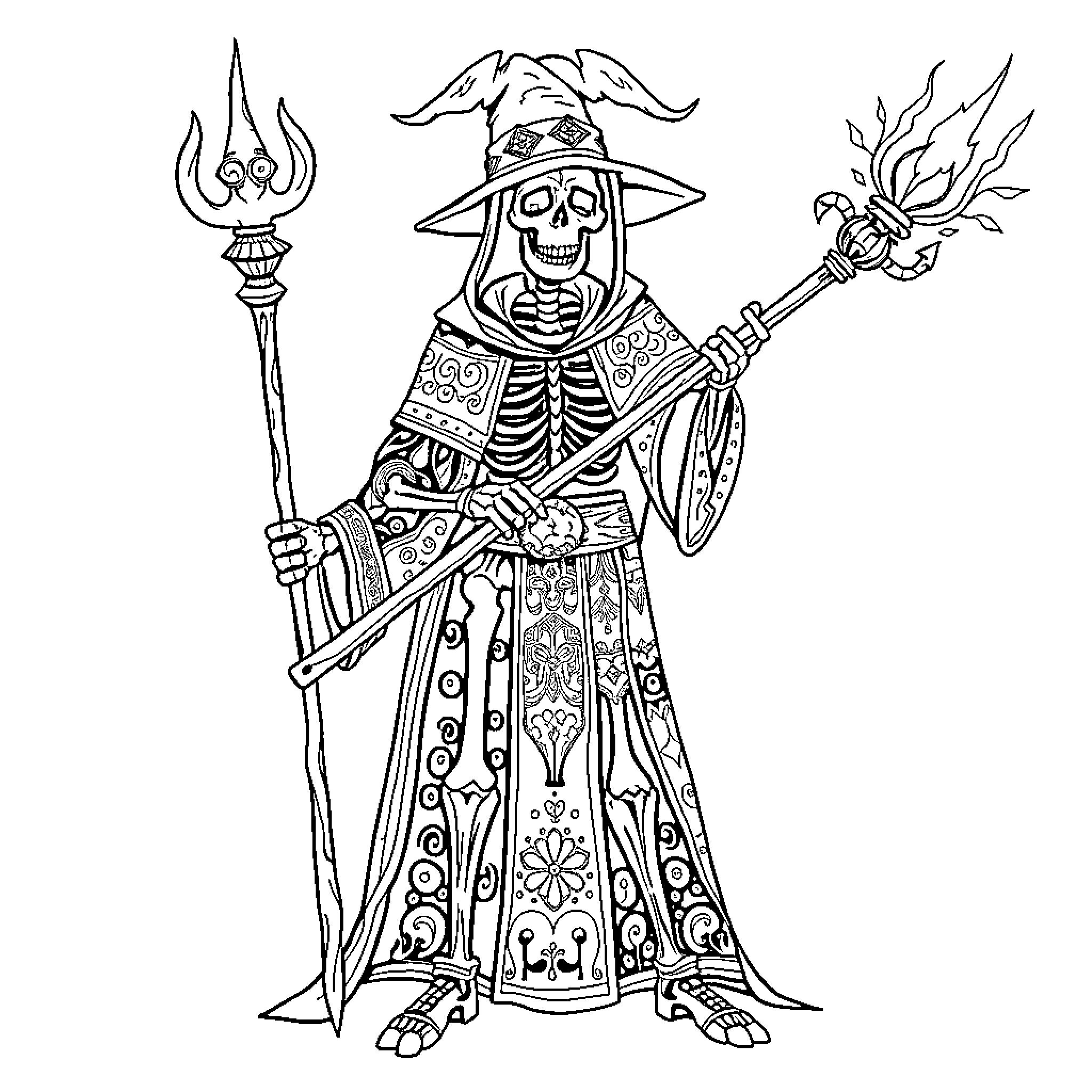 Lich Wizard Wielding Magical Staff and Shield Coloring Page (free black-and-white line drawing printable PDF for all, from beginners to advanced learners, including children, teens, adults, and seniors)
