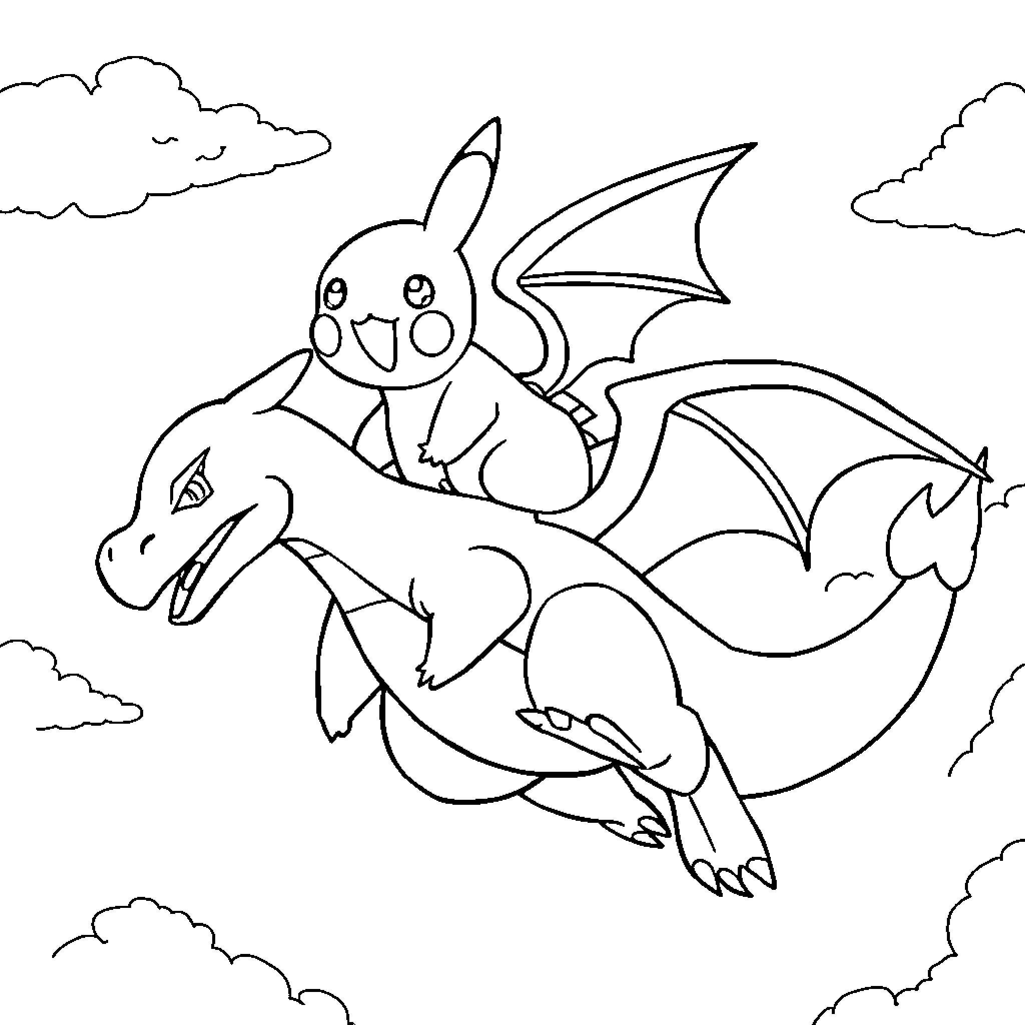 Pikachu riding a dragon through the clouds Coloring Page (free black-and-white line drawing printable PDF for all, from beginners to advanced learners, including children, teens, adults, and seniors)