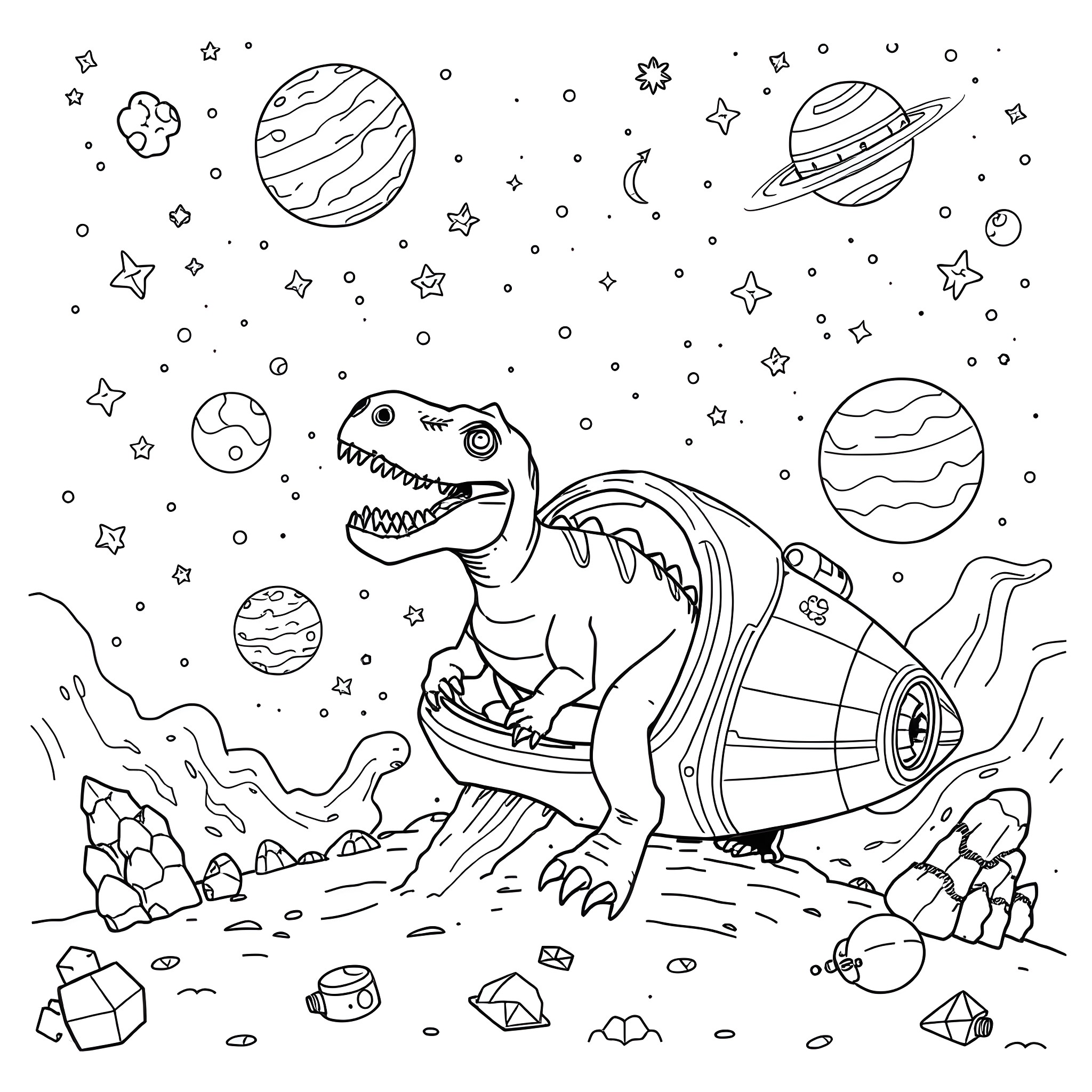 Dinosaur exploring the cosmic landscape Coloring Page (free black-and-white line drawing printable PDF for all, from beginners to advanced learners, including children, teens, adults, and seniors)