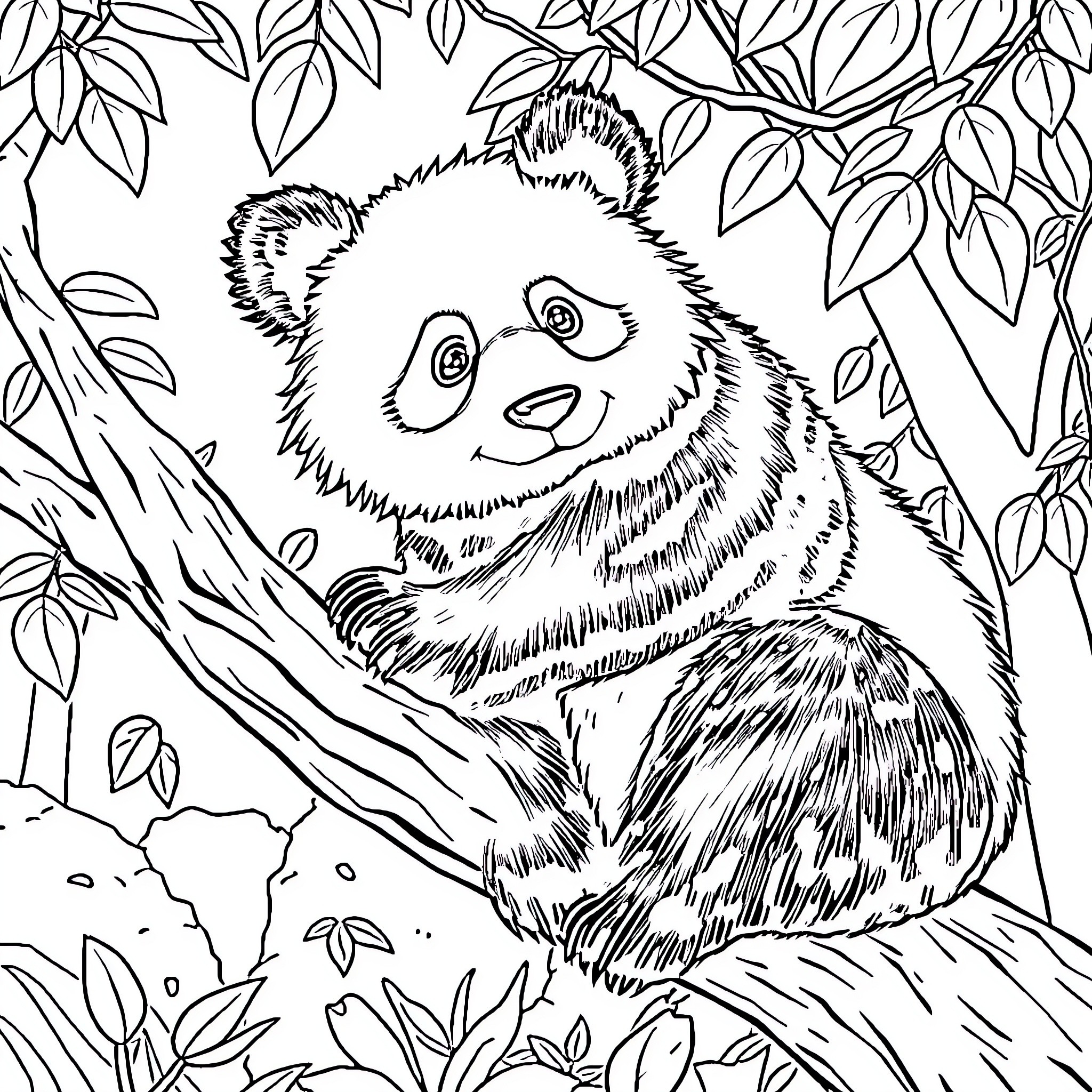 Panda in the Forested Habitat Coloring Page (free black-and-white line drawing printable PDF for all, from beginners to advanced learners, including children, teens, adults, and seniors)