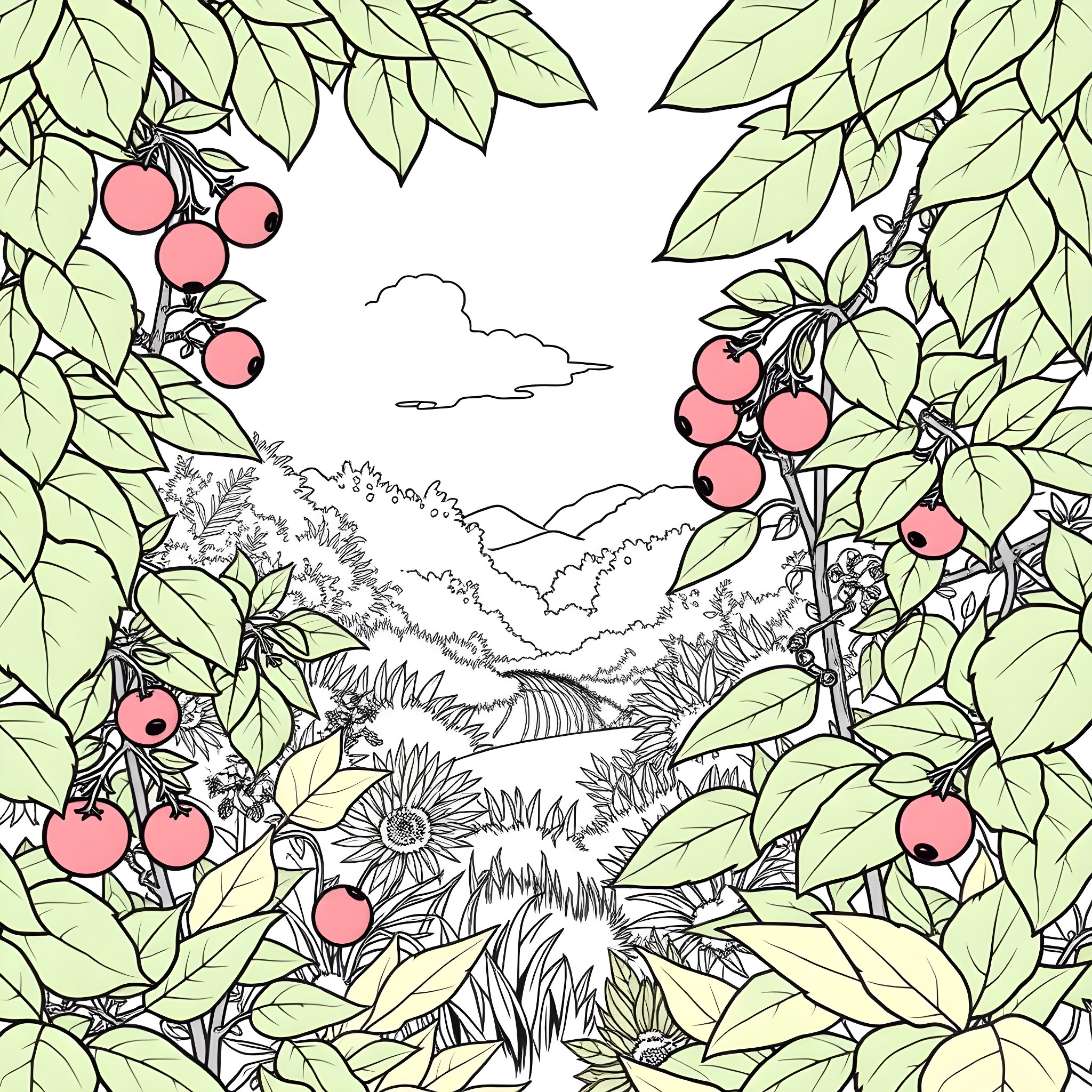 Cloudberry field with lush foliage and ripe fruit Coloring Page (free black-and-white line drawing printable PDF for all, from beginners to advanced learners, including children, teens, adults, and seniors)