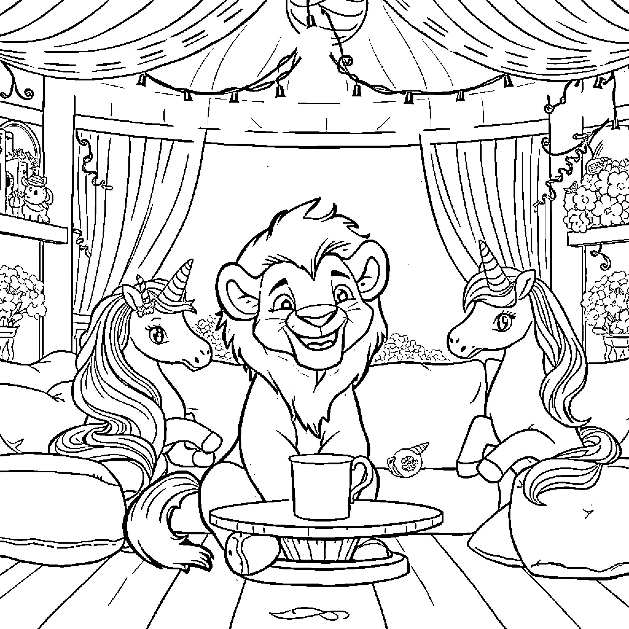 Simba Entertains Unicorns with Mischievous Antics Coloring Page (free black-and-white line drawing printable PDF for all, from beginners to advanced learners, including children, teens, adults, and seniors)