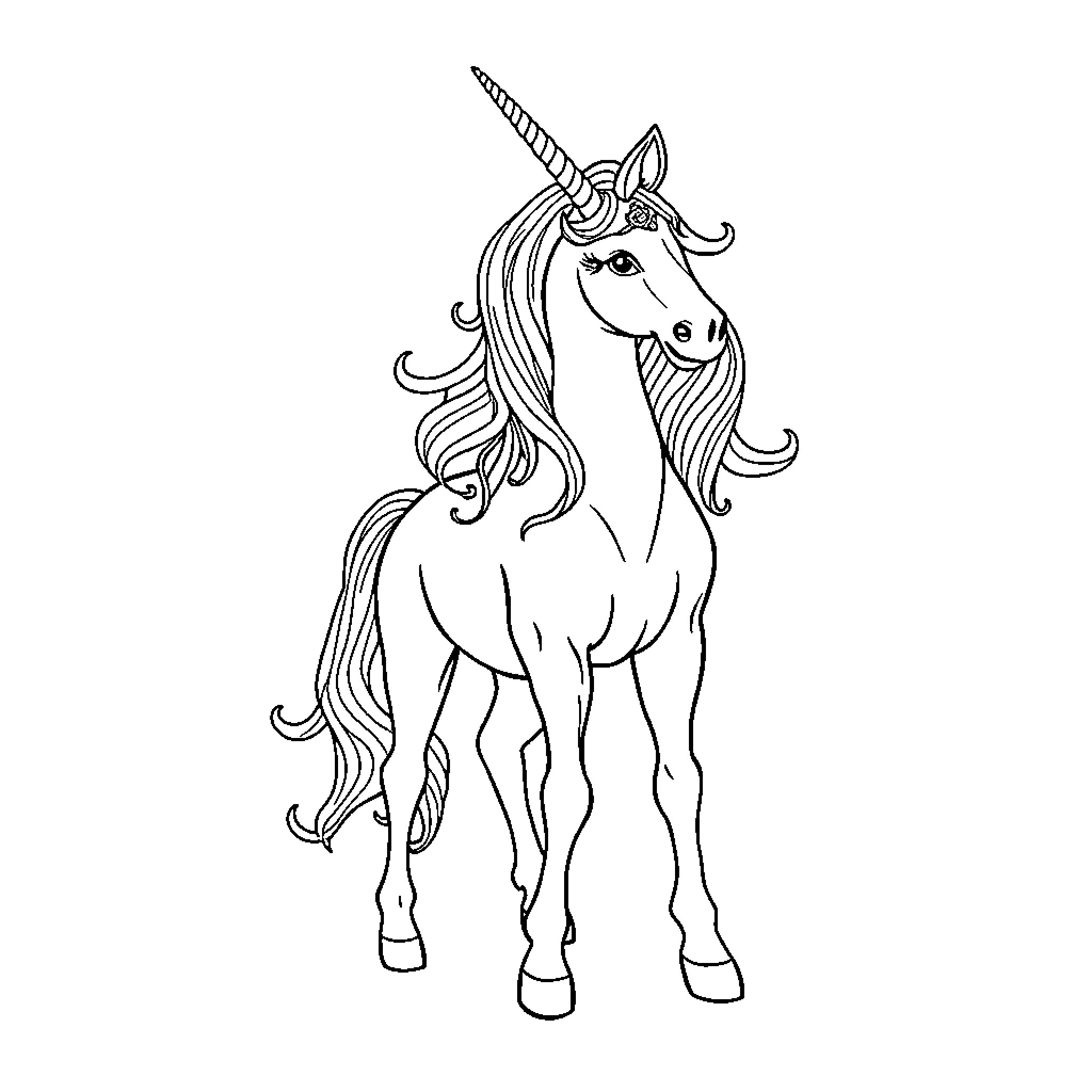 Unicorn with Majestic Presence Coloring Page (free black-and-white line drawing printable PDF for all, from beginners to advanced learners, including children, teens, adults, and seniors)