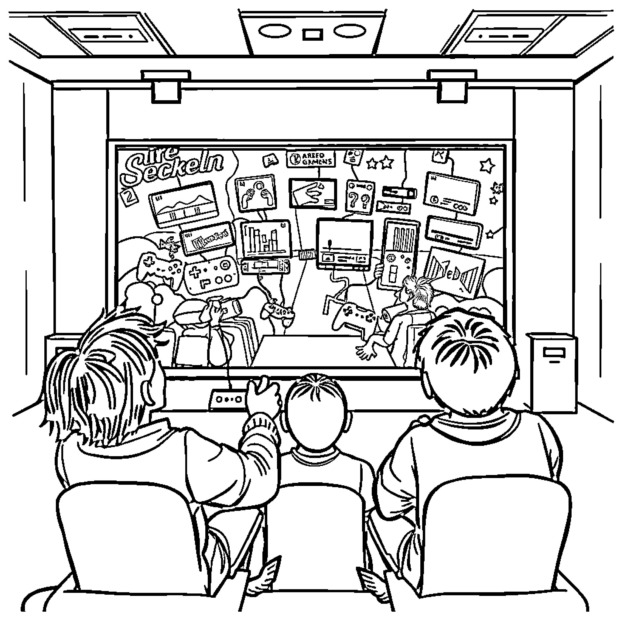 Video Game Viewing Experience with Retro Arcade Posters Coloring Page (free black-and-white line drawing printable PDF for all, from beginners to advanced learners, including children, teens, adults, and seniors)